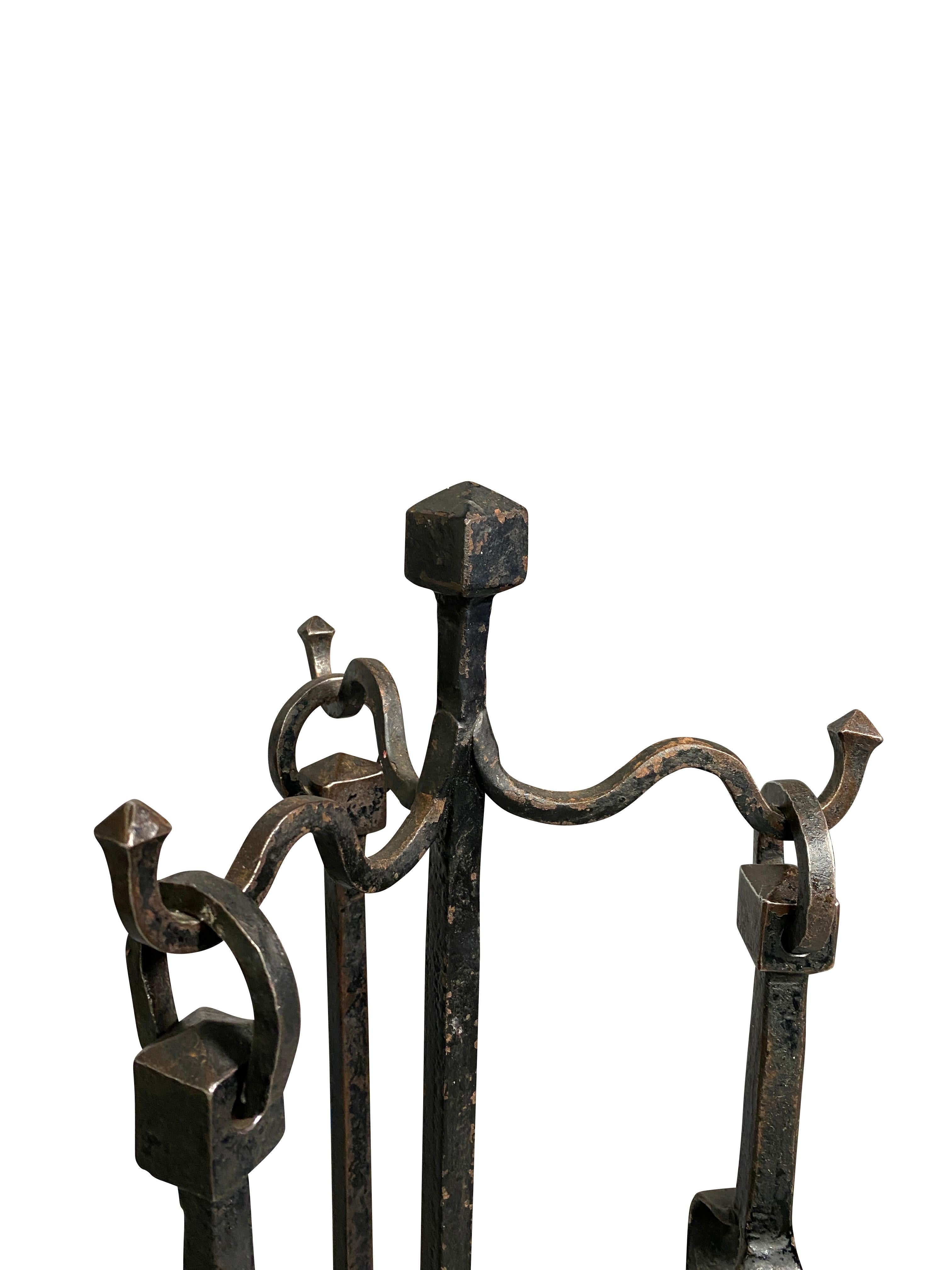 20th Century Arts & Crafts Wrought Iron Fire Tools on Stand
