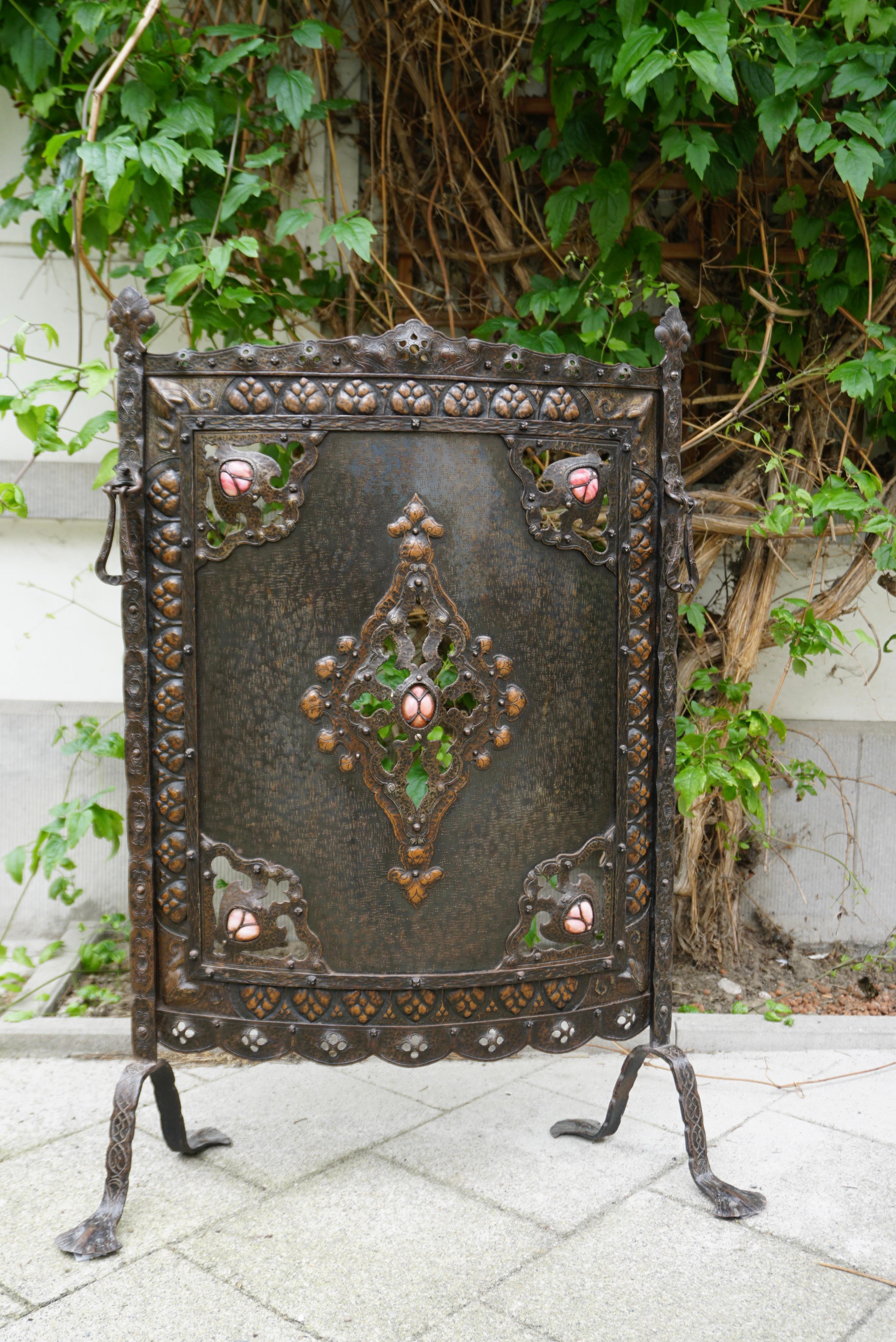 Copper Arts and Crafts Wrought Iron Fireplace Screen For Sale