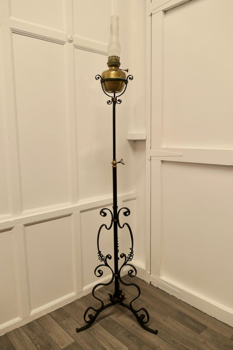 19th Century Arts and Crafts Wrought Iron Floor Standing Oil Lamp For Sale