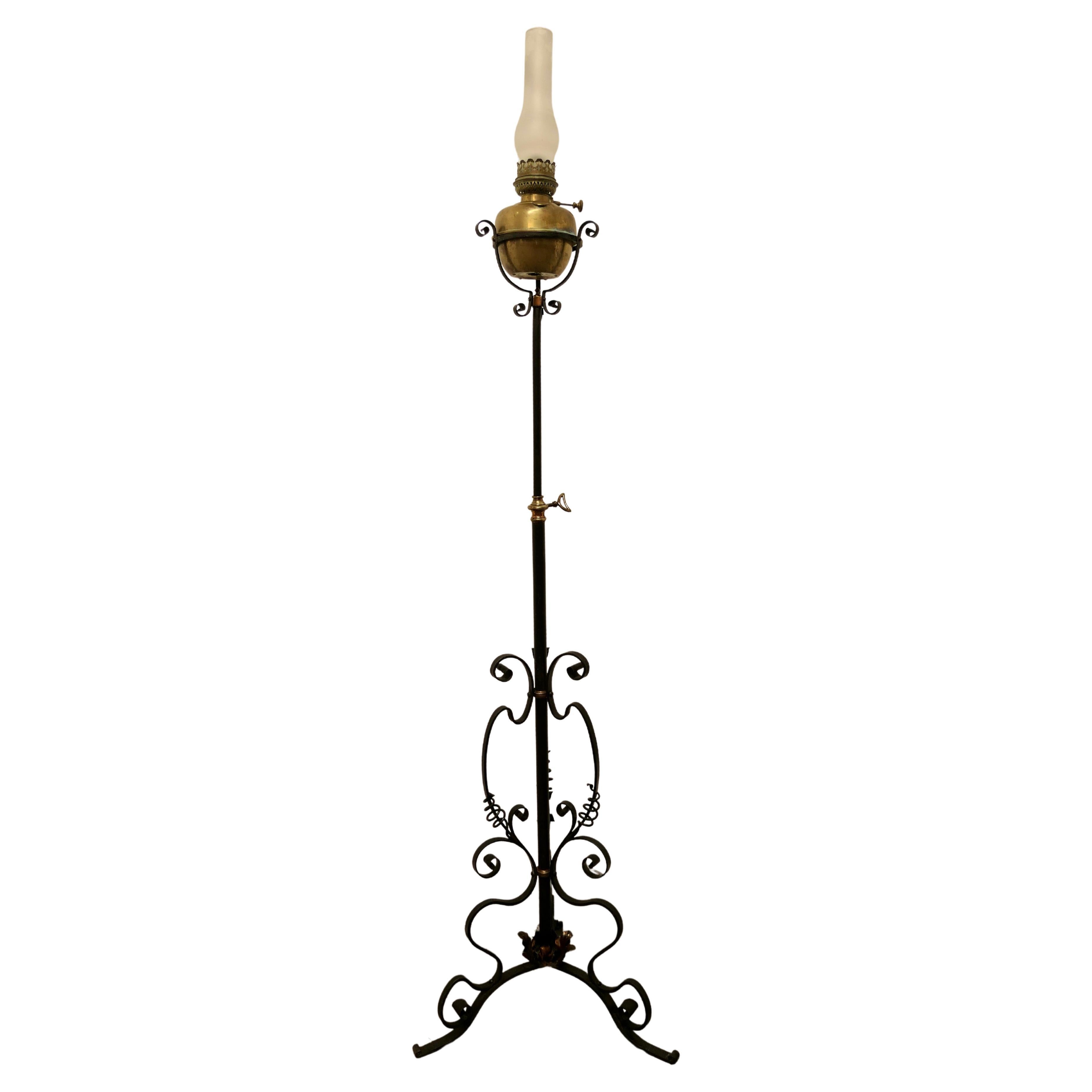 Arts and Crafts Wrought Iron Floor Standing Oil Lamp For Sale