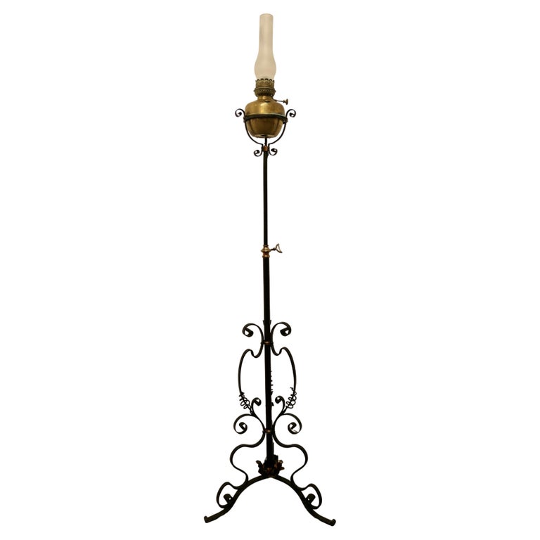 Arts and Crafts Wrought Iron Floor Standing Oil Lamp For Sale at 1stDibs