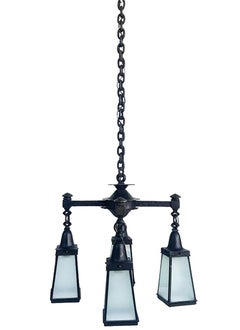 Arts and Crafts Wrought Iron, Glass 4 Lantern Chandelier With Canopy