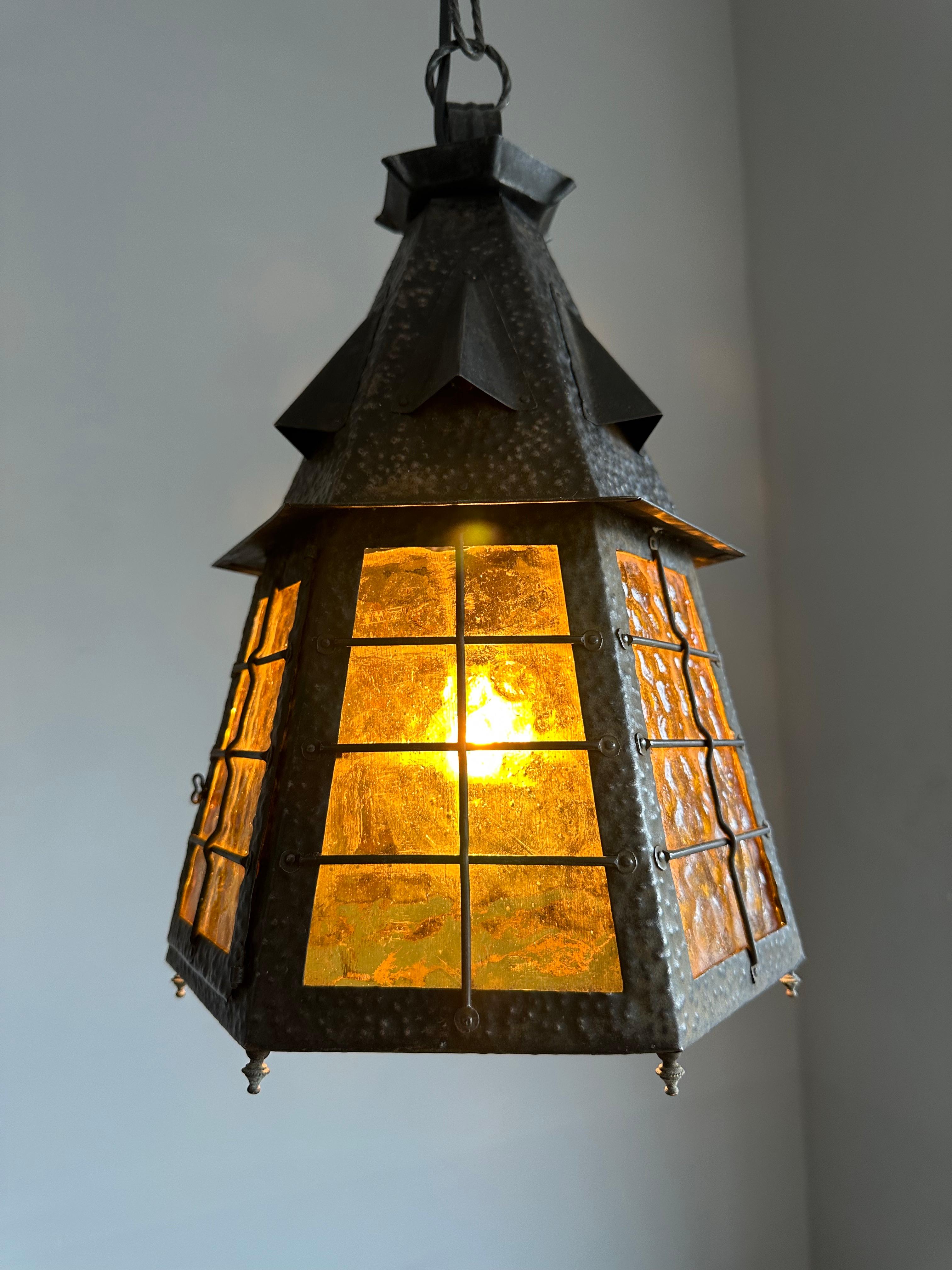 Arts & Crafts Wrought Iron Pendant Light with Cathedral Glass Lantern Pendant For Sale 7