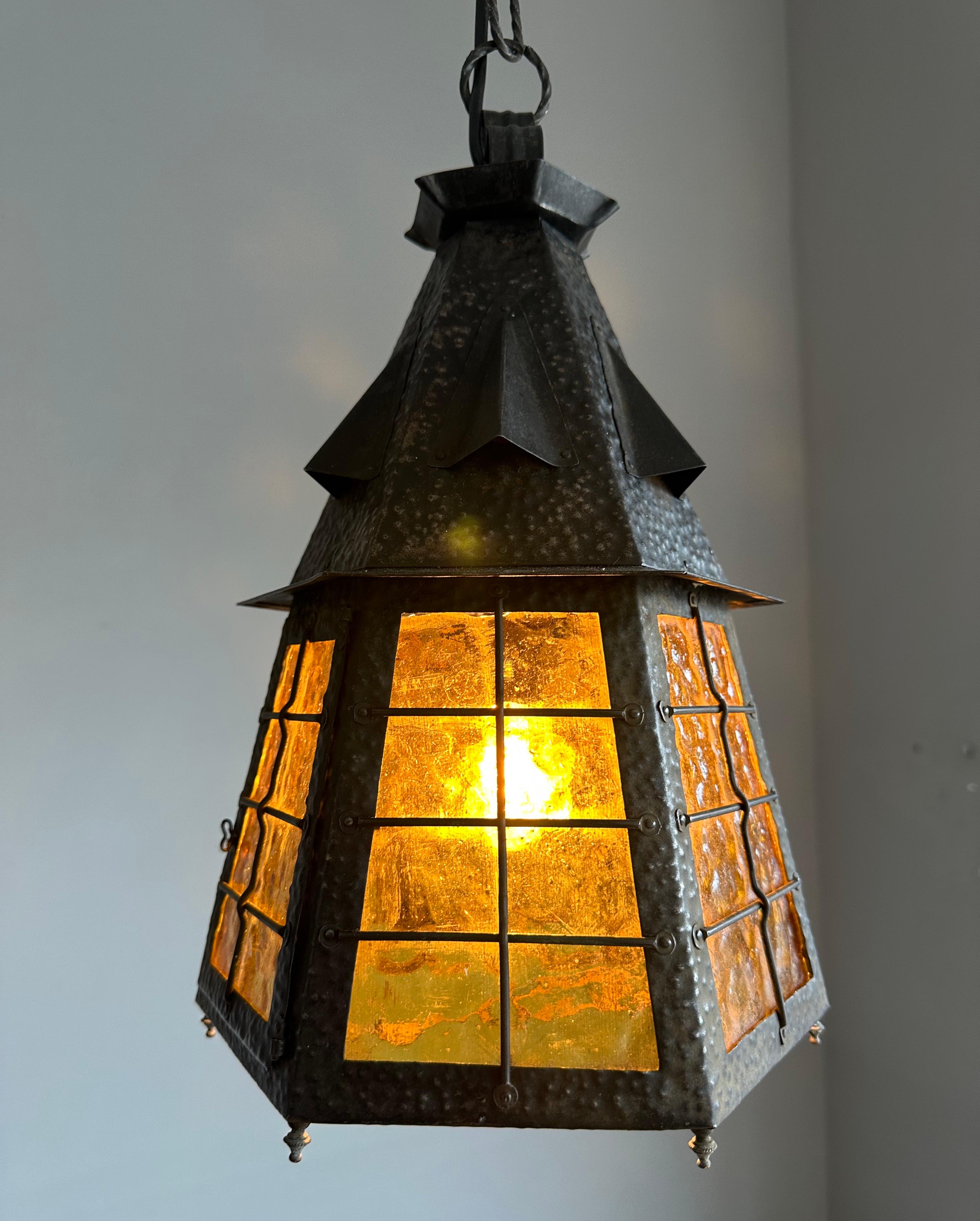 Arts & Crafts Wrought Iron Pendant Light with Cathedral Glass Lantern Pendant For Sale 10