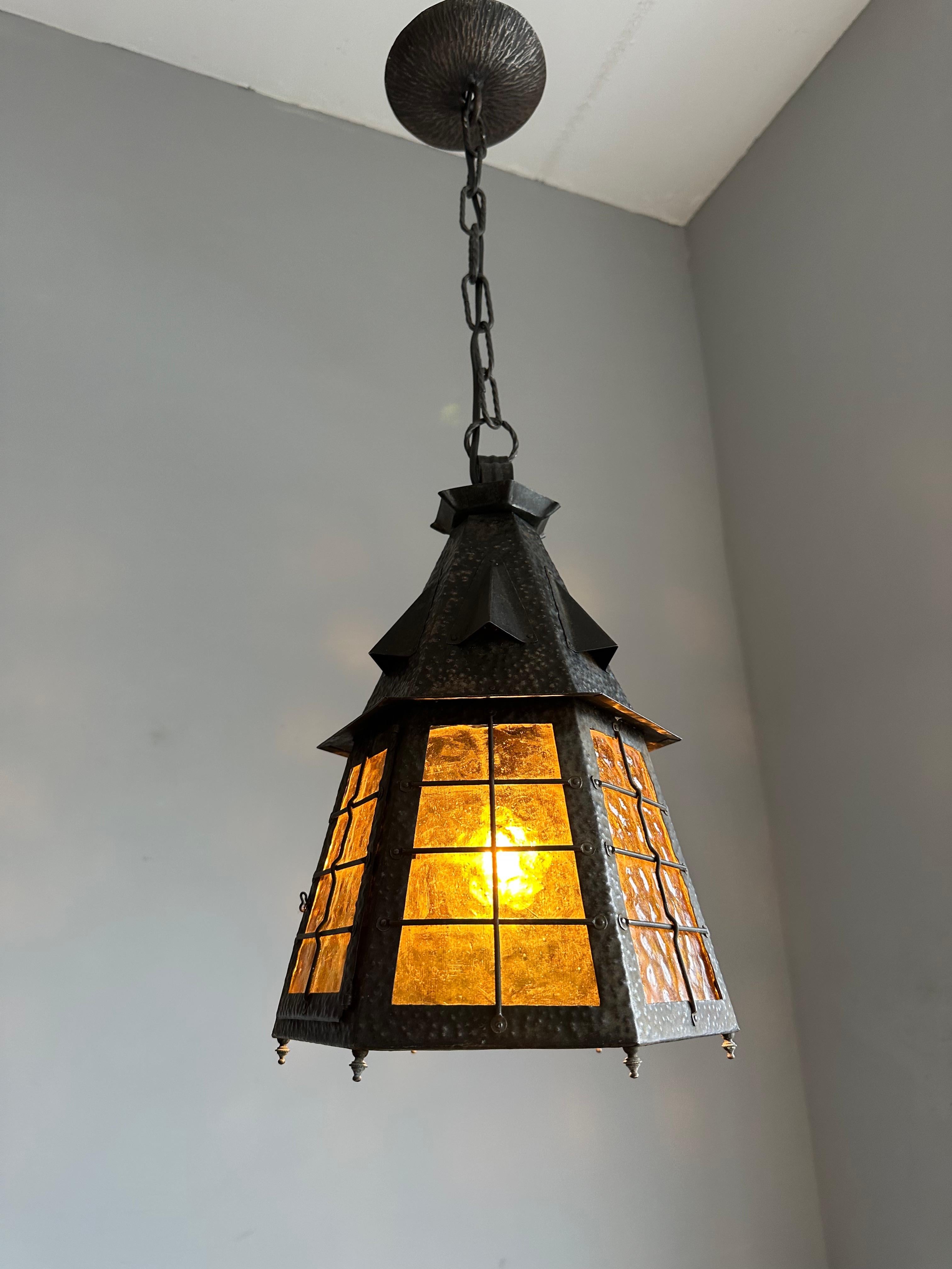 Arts & Crafts Wrought Iron Pendant Light with Cathedral Glass Lantern Pendant For Sale 11