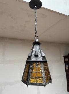 Arts & Crafts Wrought Iron and Art Glass Porch or Hallway Pendant Light Lantern