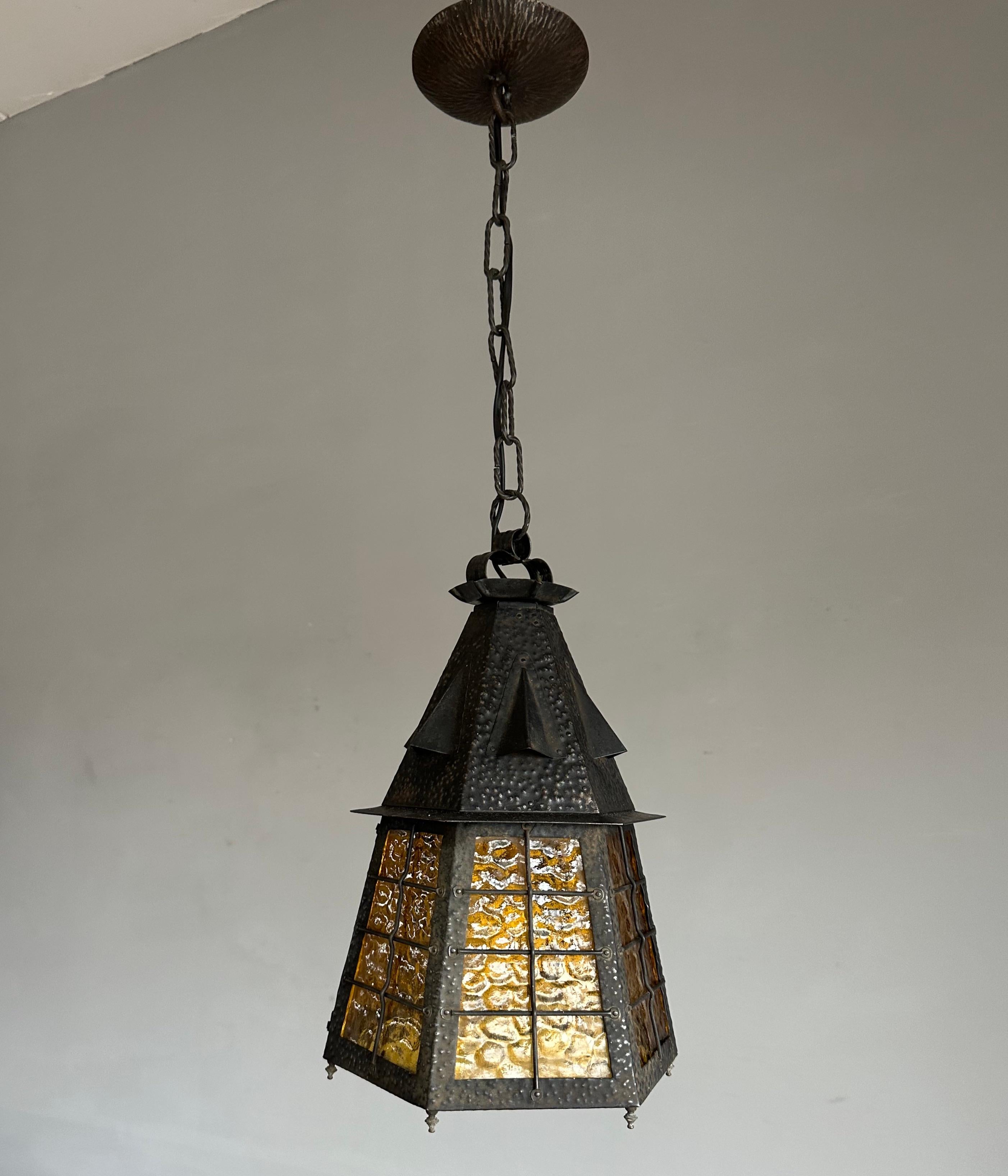 Arts & Crafts Wrought Iron Pendant Light with Cathedral Glass Lantern Pendant In Good Condition For Sale In Lisse, NL