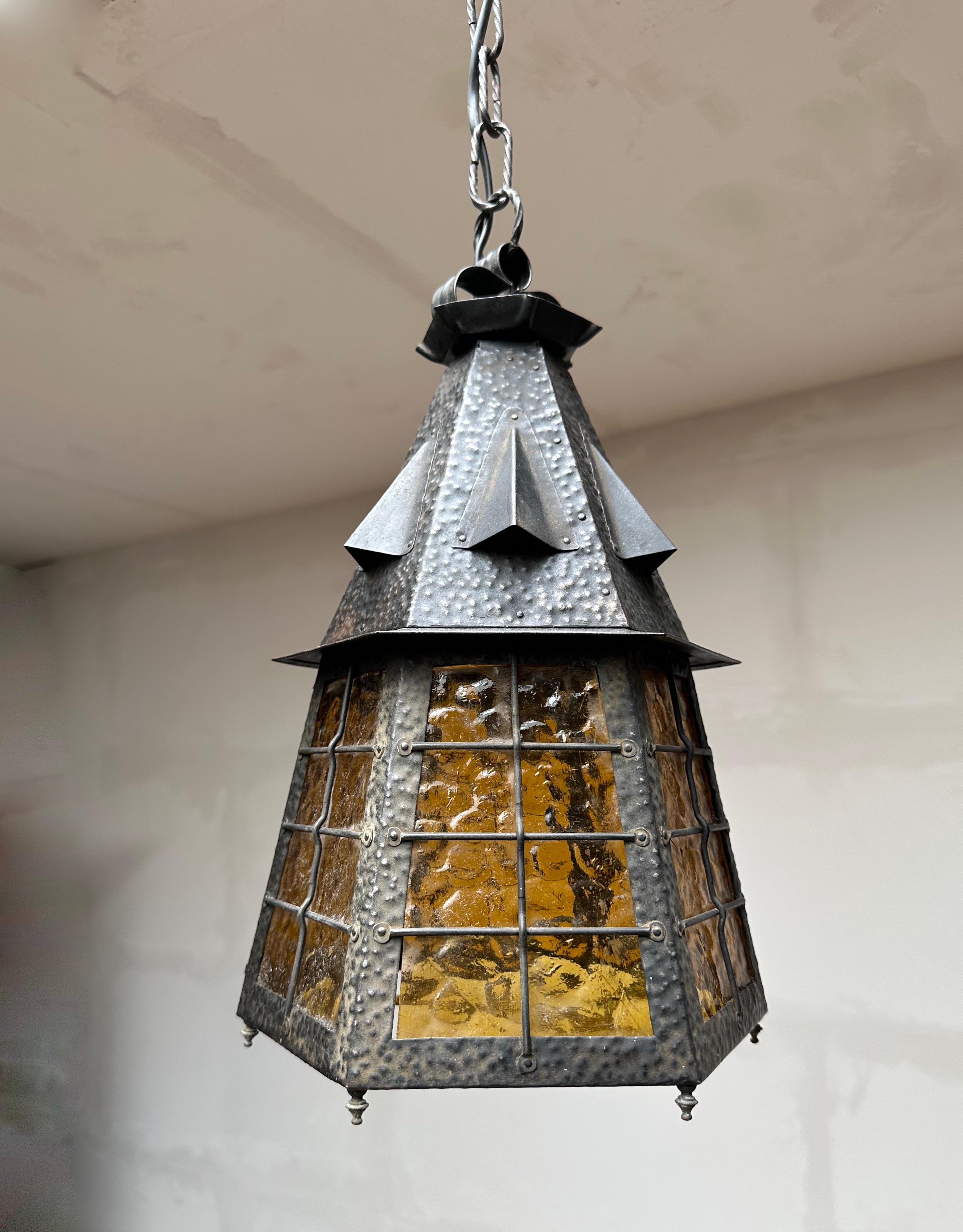 Arts and Crafts Arts & Crafts Wrought Iron Pendant Light with Cathedral Glass Lantern Pendant For Sale