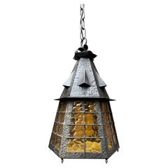 Antique Arts and Crafts Wrought Iron Pendant Light with Cathedral Glass Lantern Pendant