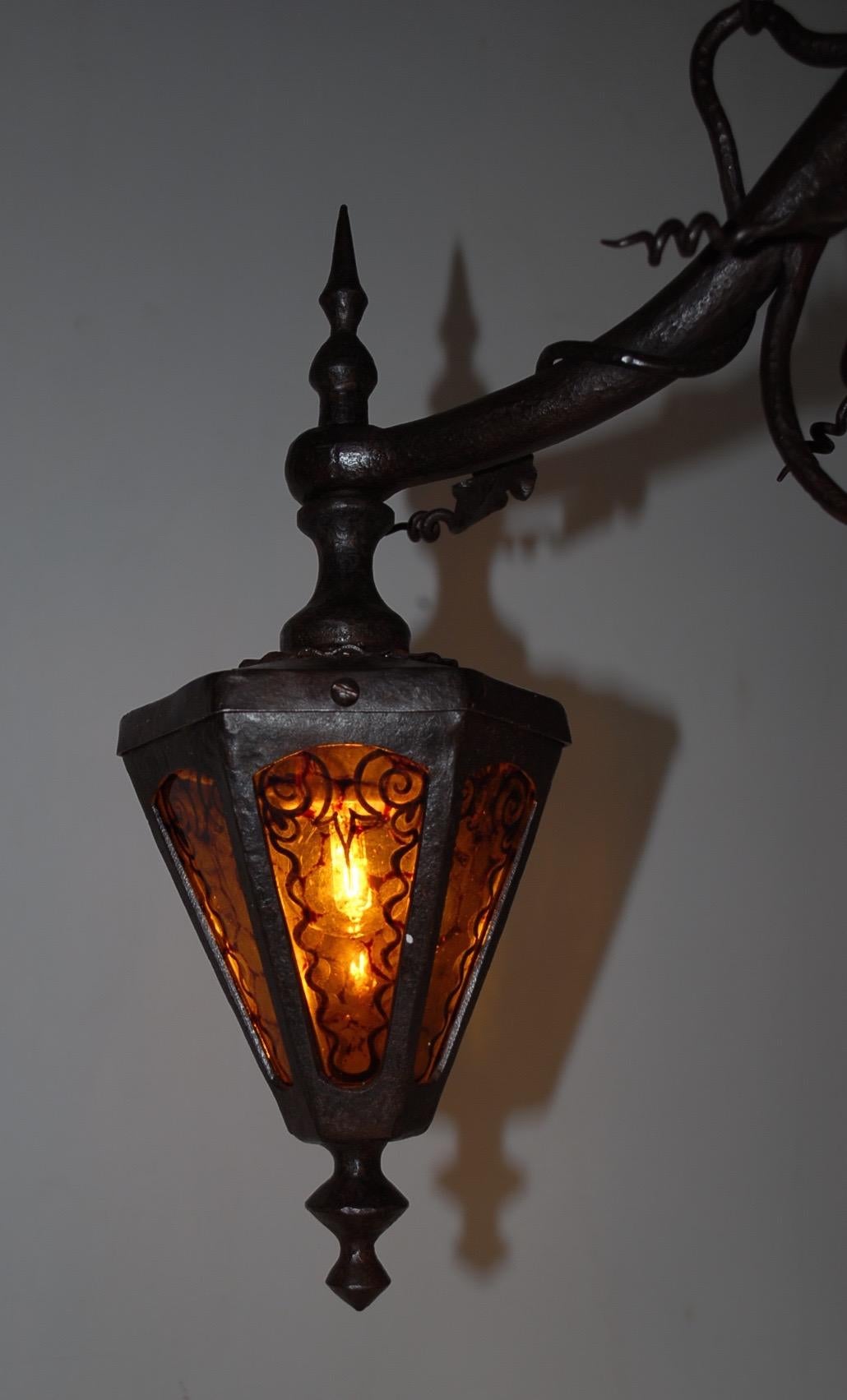 Eye-catching Arts and Crafts Wrought Iron & Glass Wine Theme Pendant Light Lamp For Sale 9