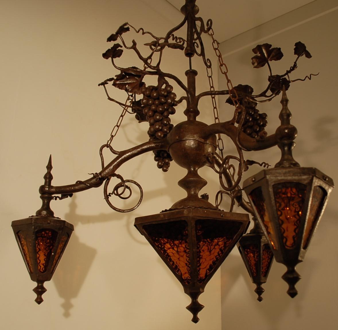 Eye-catching Arts and Crafts Wrought Iron & Glass Wine Theme Pendant Light Lamp For Sale 12