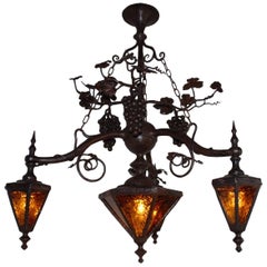 Antique Eye-catching Arts and Crafts Wrought Iron & Glass Wine Theme Pendant Light Lamp