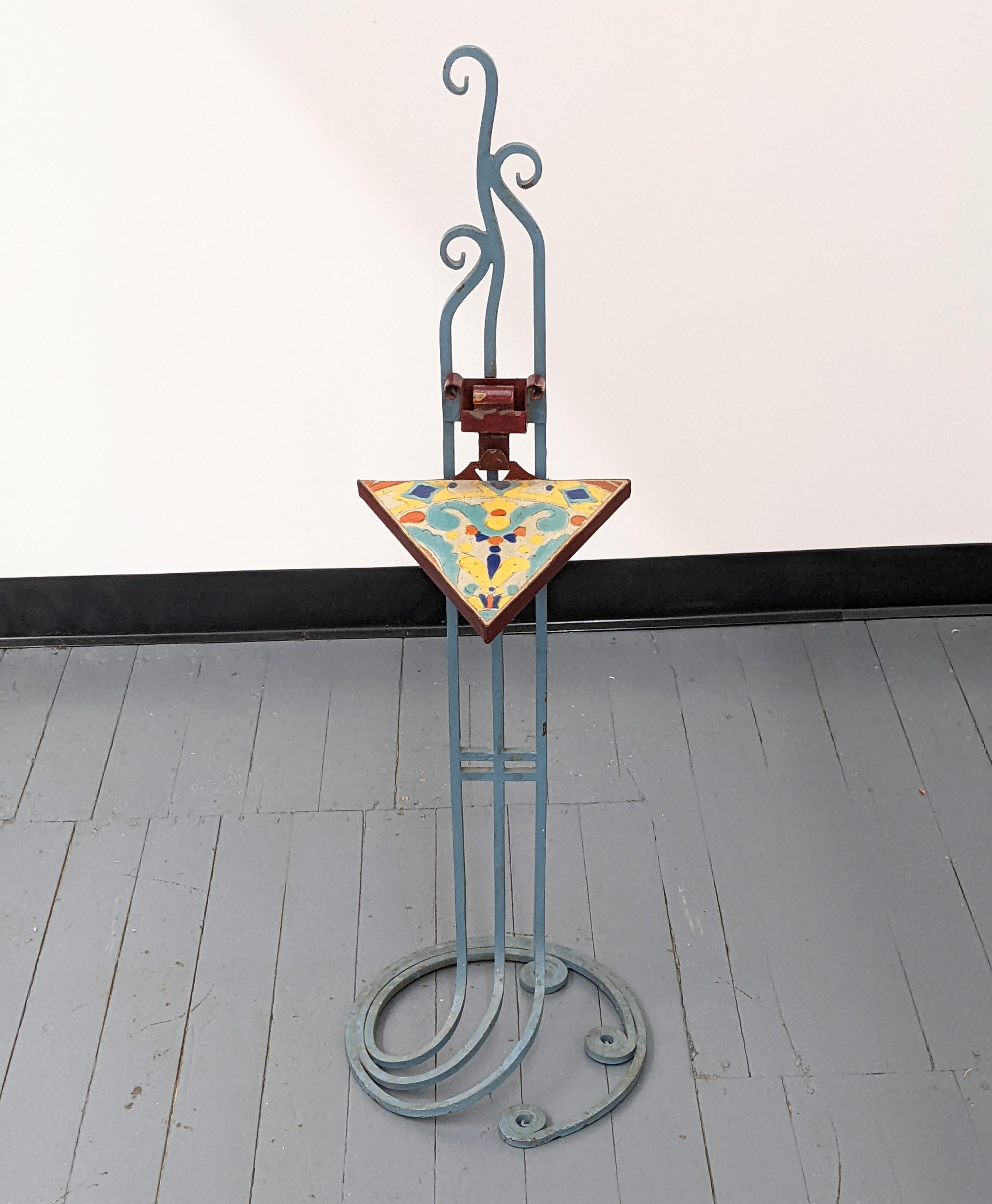 Arts and Crafts Wrought Iron Stand with Glazed Tile In Good Condition For Sale In Riverdale, NY