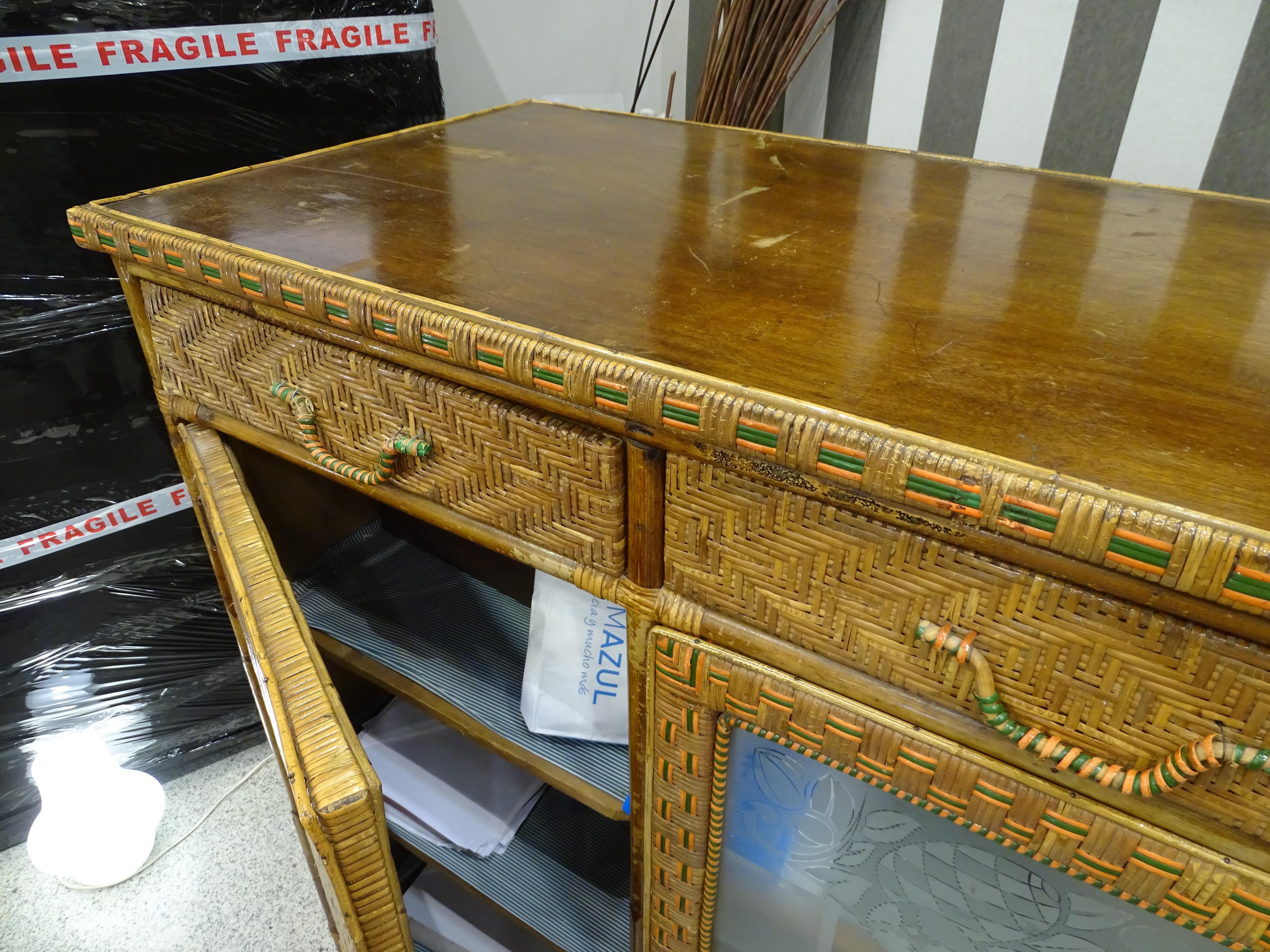 Arts & Crafts Buffet Chest of Drawers, Commode, Rattan, Wood In Good Condition In Valladolid, ES