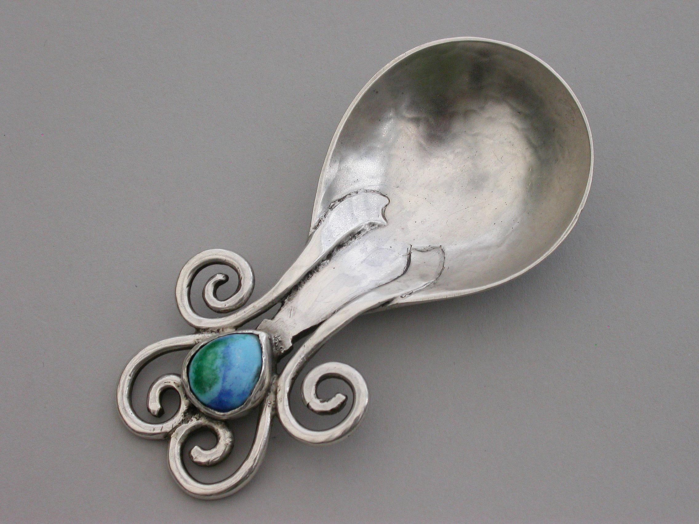 Arts and Crafts Arts & Craft Cast Silver Caddy Spoon, Enamel Boss Ramsden & Carr, London, 1909 For Sale