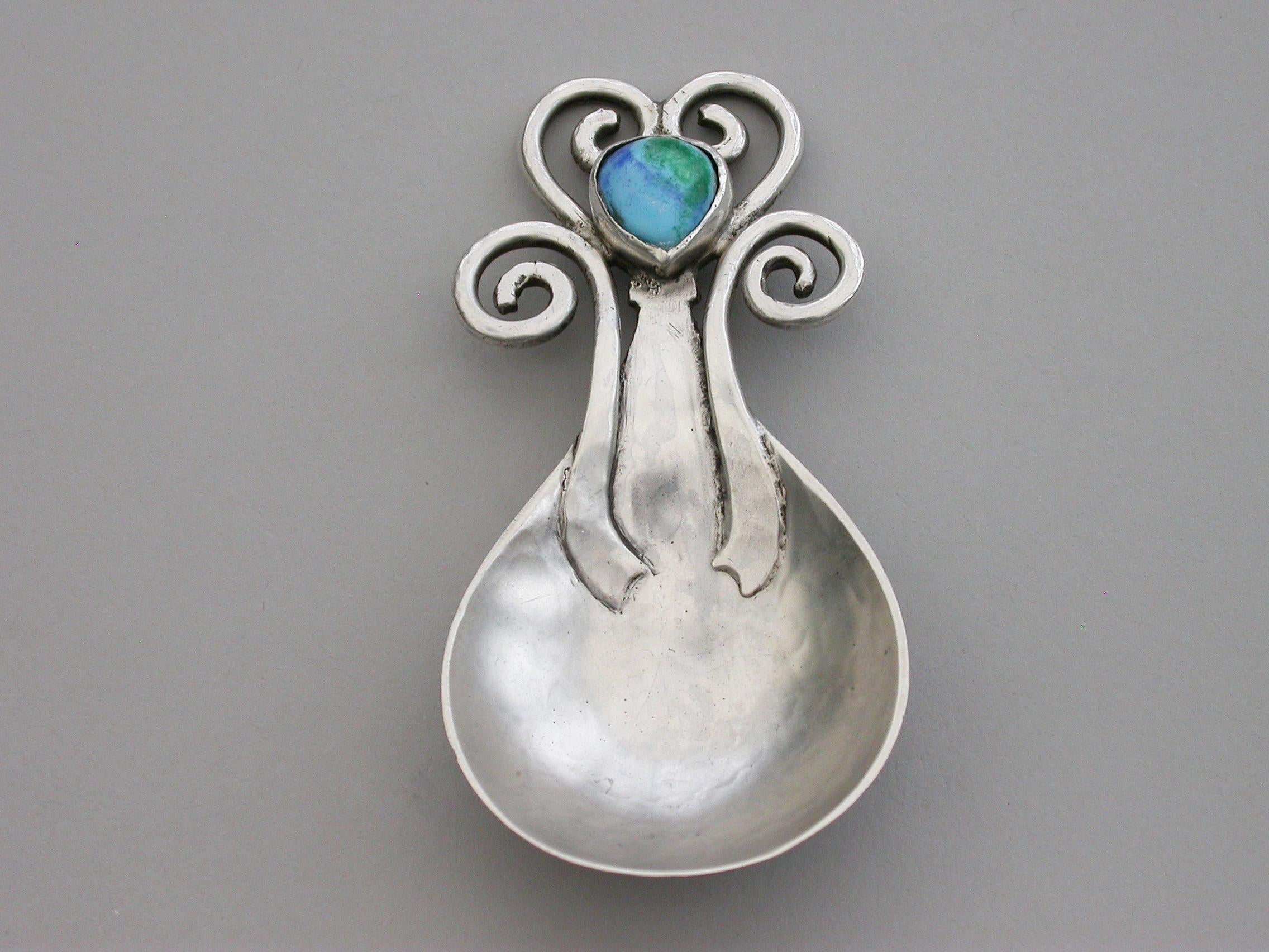 English Arts & Craft Cast Silver Caddy Spoon, Enamel Boss Ramsden & Carr, London, 1909 For Sale