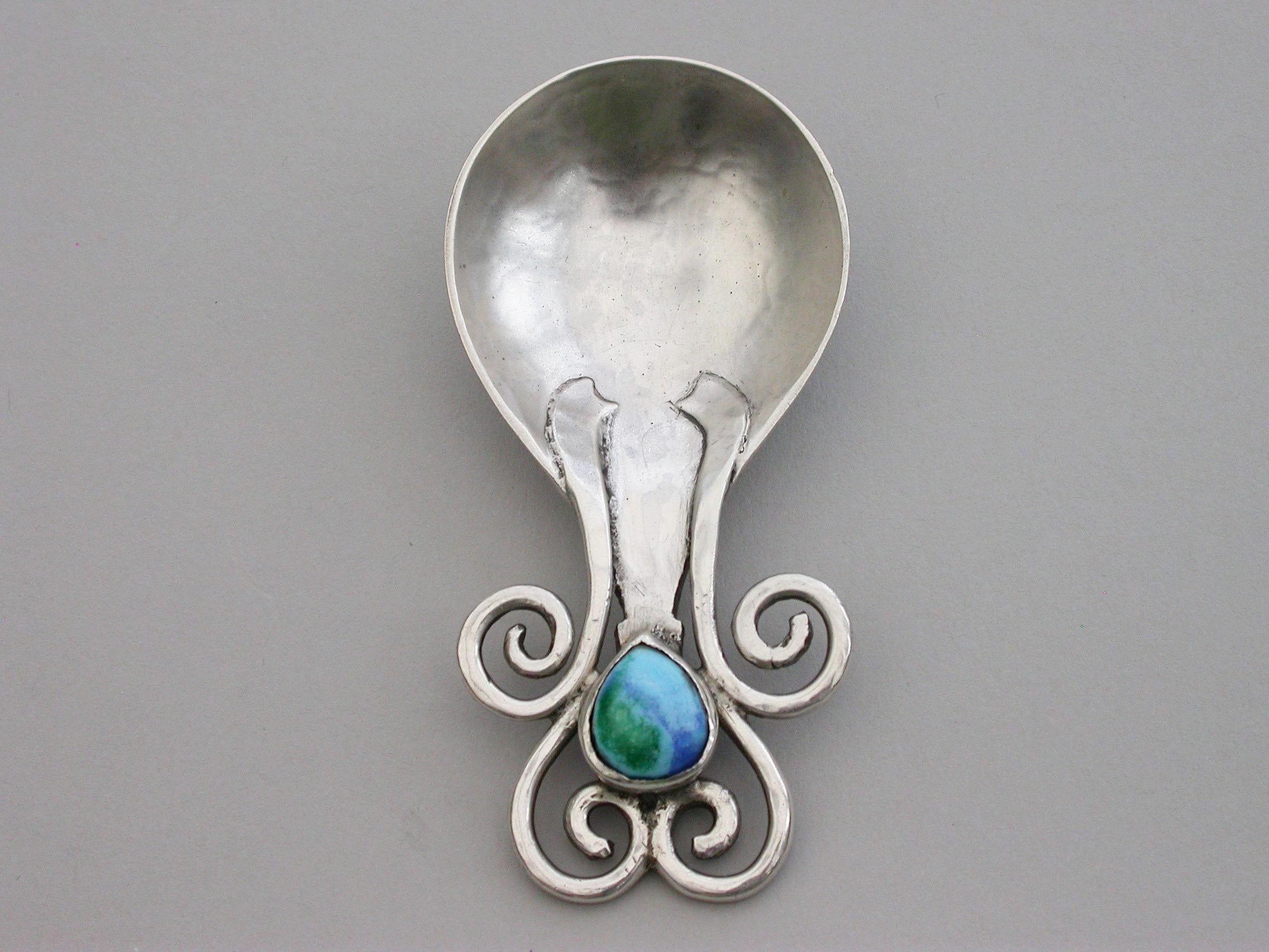 Early 20th Century Arts & Craft Cast Silver Caddy Spoon, Enamel Boss Ramsden & Carr, London, 1909 For Sale