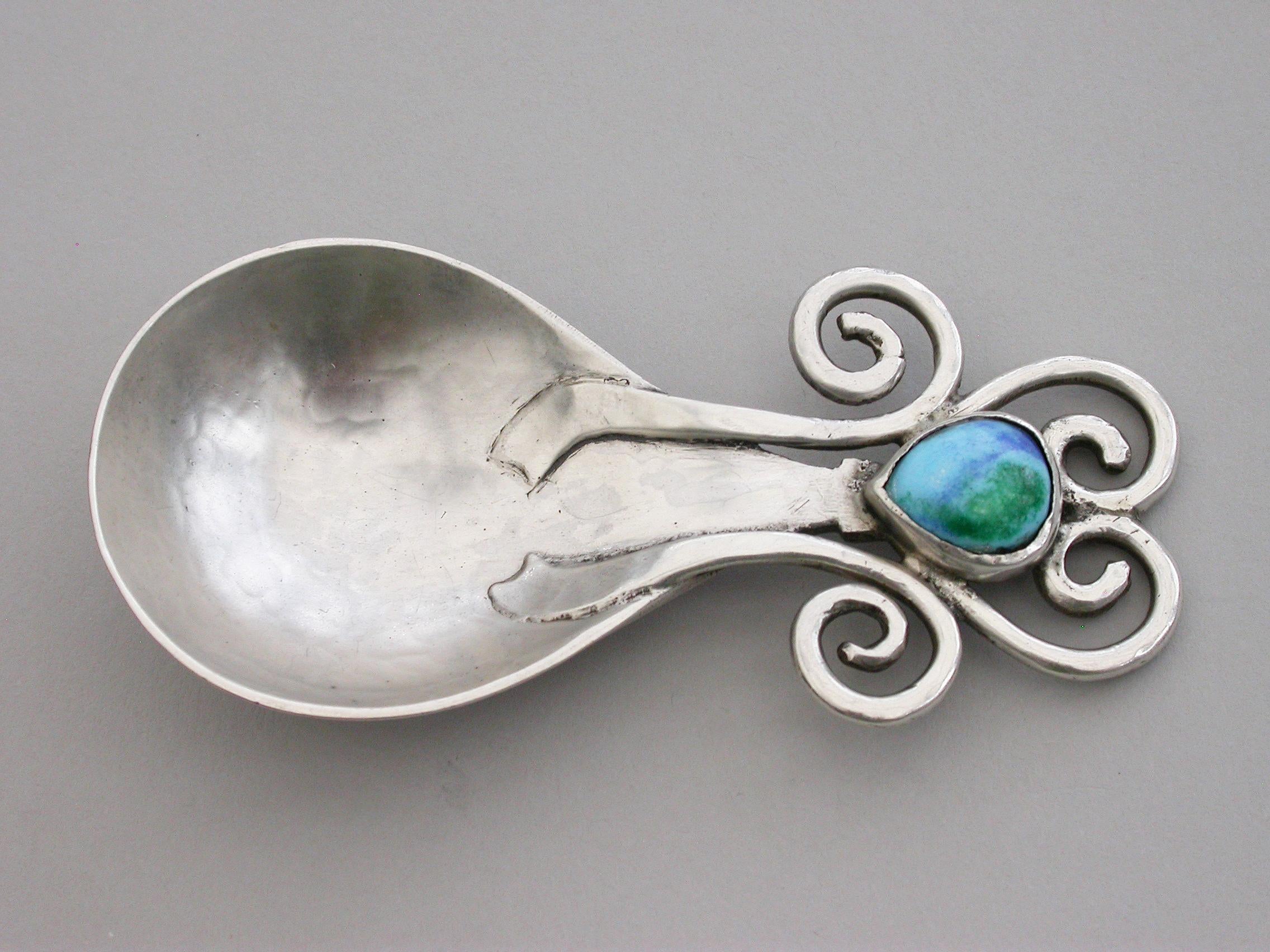 Arts & Craft Cast Silver Caddy Spoon, Enamel Boss Ramsden & Carr, London, 1909 For Sale 2