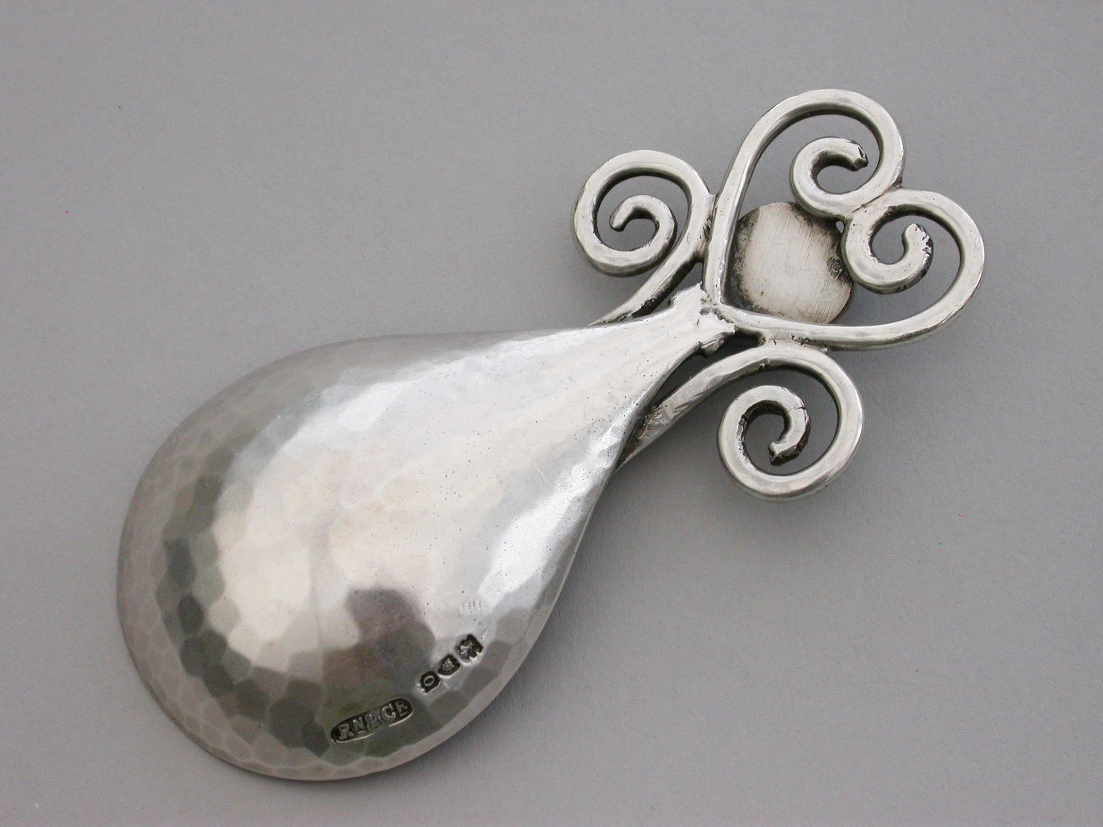 Arts & Craft Cast Silver Caddy Spoon, Enamel Boss Ramsden & Carr, London, 1909 For Sale 3