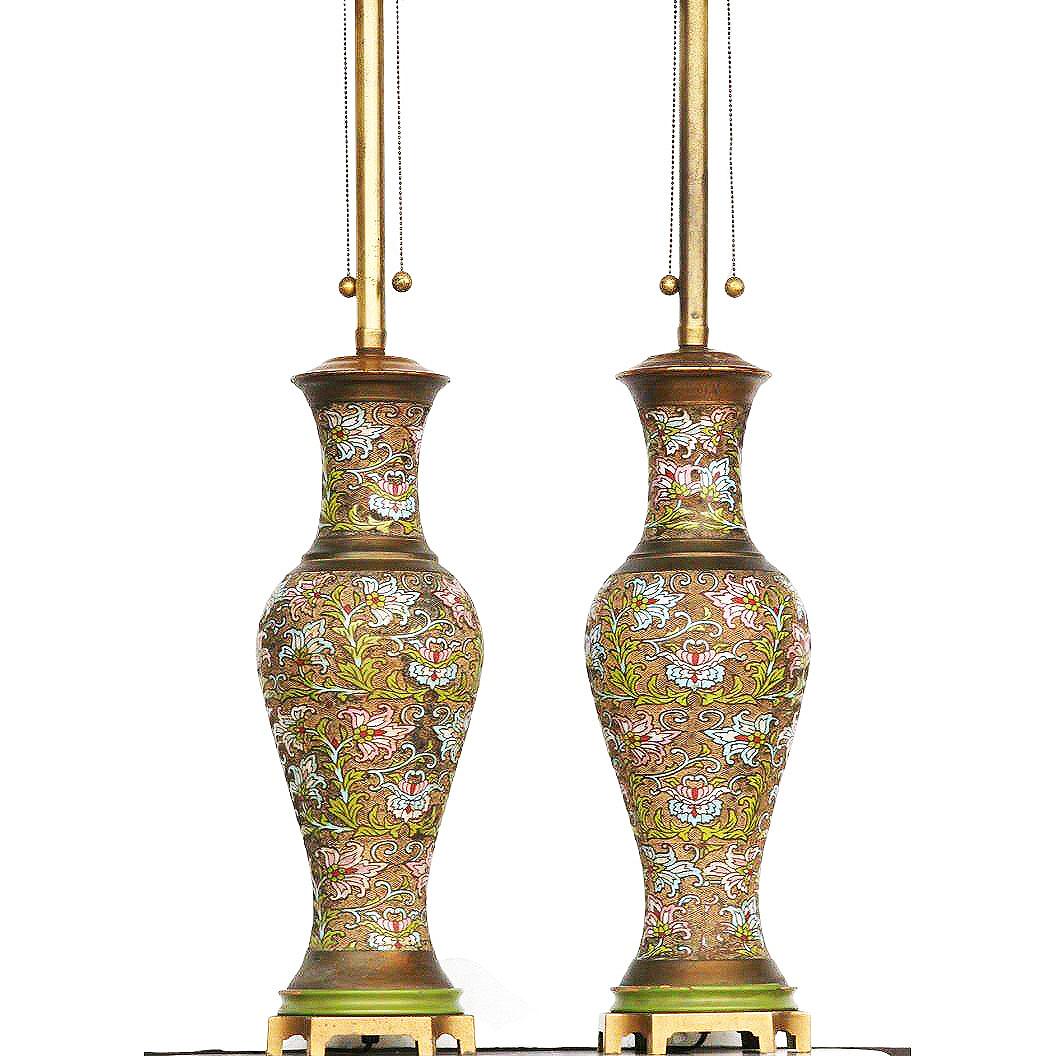 Paire de lampes-vases en bronze cloisonné et émail de Mimi Lamps (Arts & Craft) Bon état - En vente à Van Nuys, CA