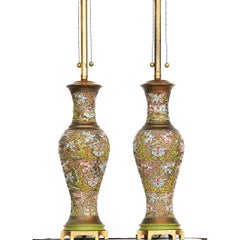 Arts & Craft Chinese Bronze Cloisonné Enamel Vase Lamp by Mimi London, Pair