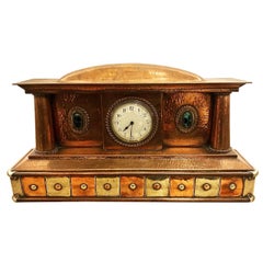 Arts & Craft Copper and Nickel Silver Mantel Clock with Ruskin Cabochons