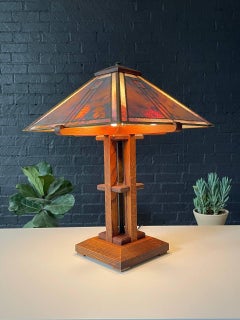 Arts & Craft Mission Oak Oak lampe de table avec verre Slag