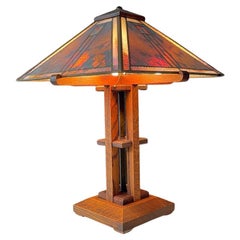 Arts & Craft Mission Oak Table Lamp w/ Slag Glass