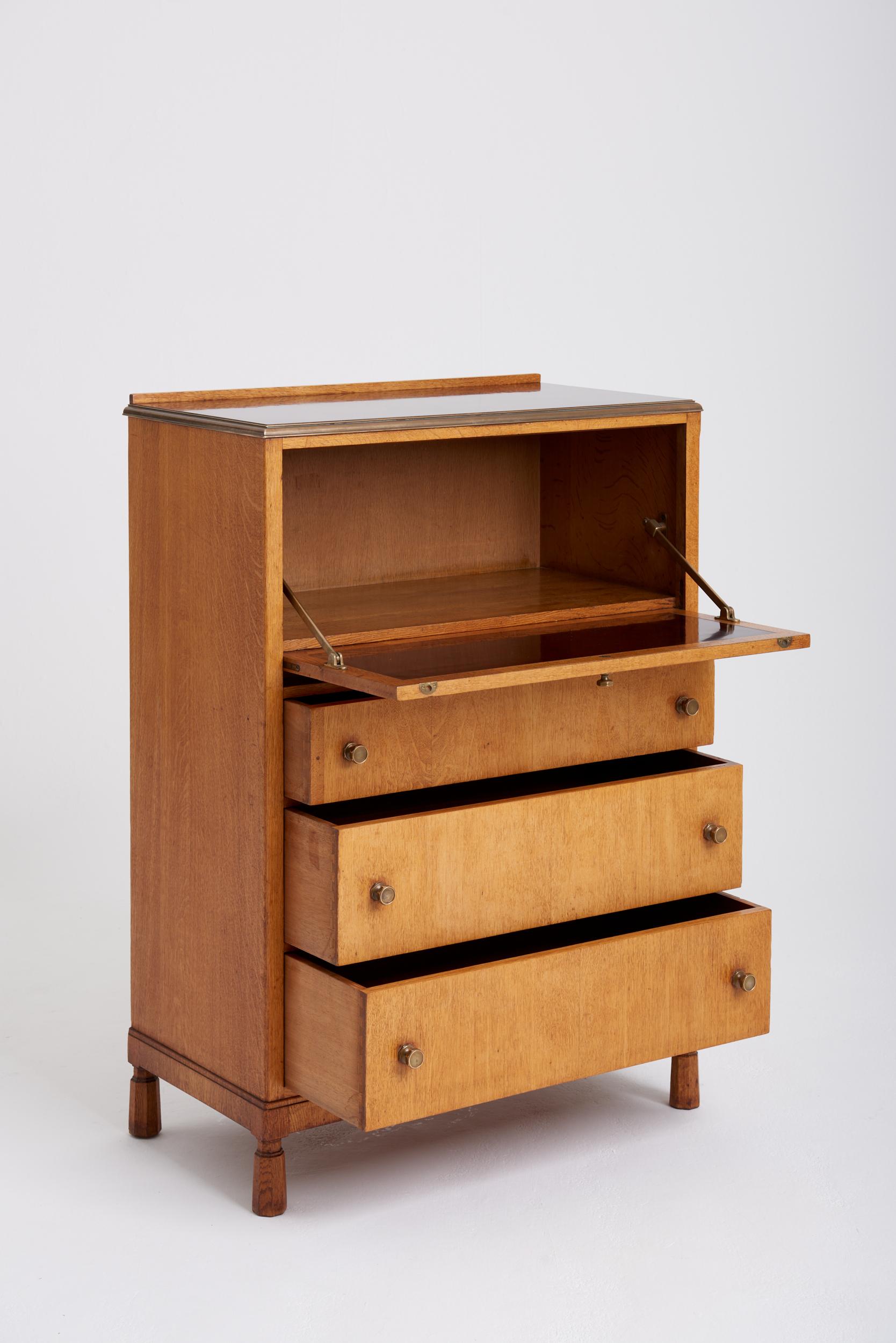 Brass Arts & Craft Oak Secretaire Cabinet by Morris of Glasgow