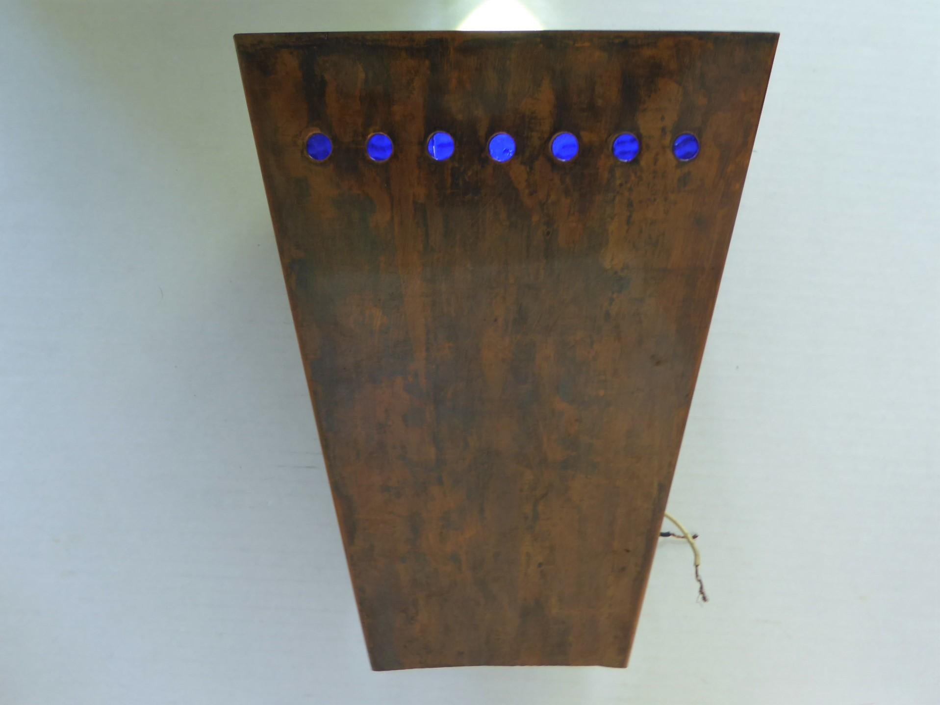 Arts and Crafts Arts & Craft Style Modern Copper /Cobalt Blue Glass Sconce Wall Light 1950s For Sale
