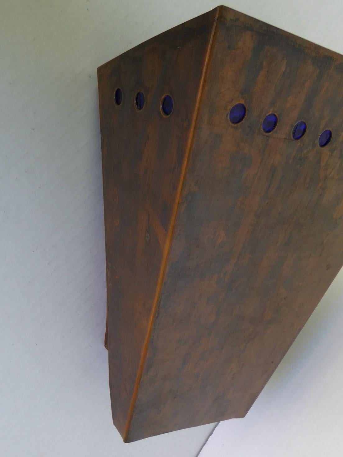 American Arts & Craft Style Modern Copper /Cobalt Blue Glass Sconce Wall Light 1950s For Sale