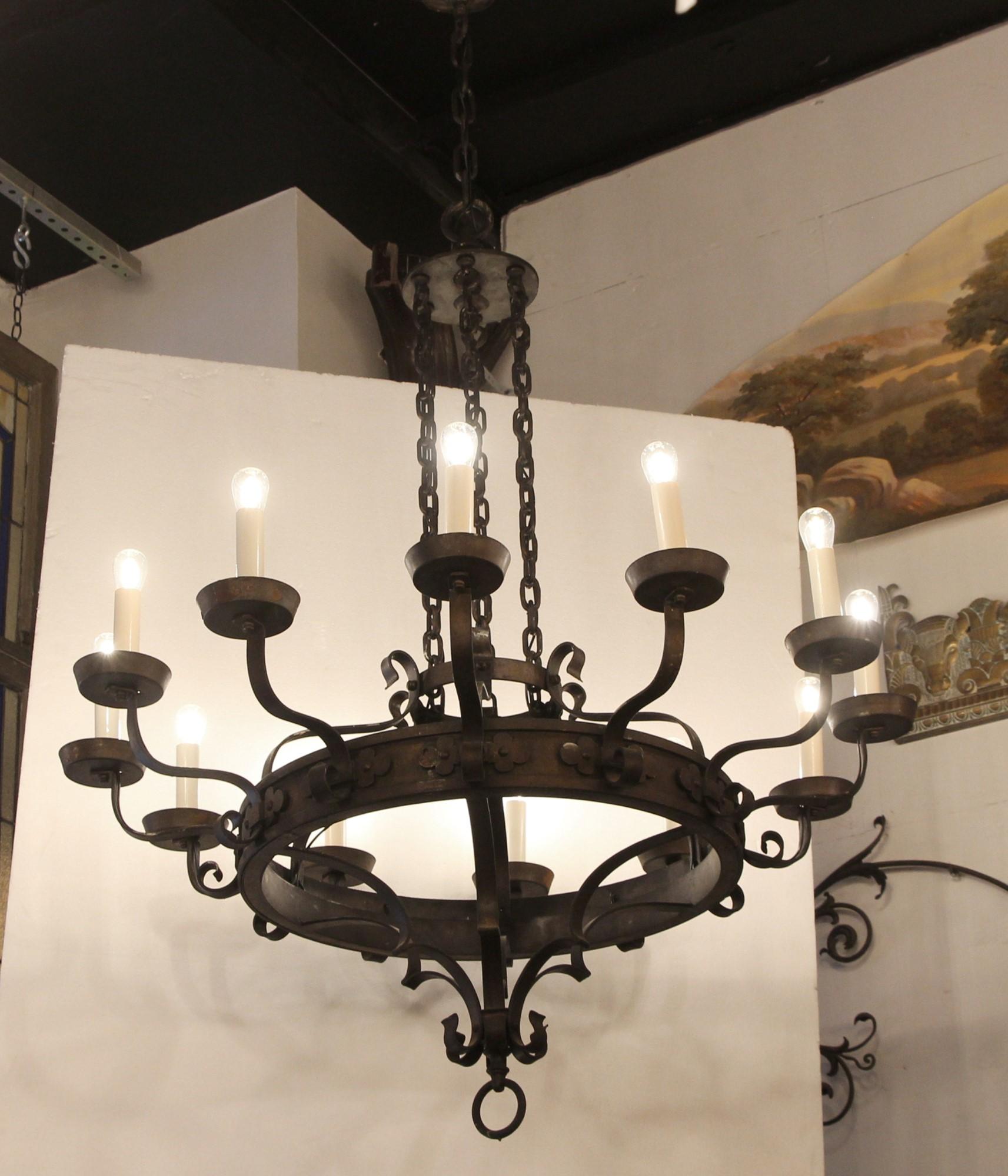 Arts and Crafts Arts & Crafts 12 Light Wrought Iron Chandelier Large Scale with Chain, Scrolls For Sale