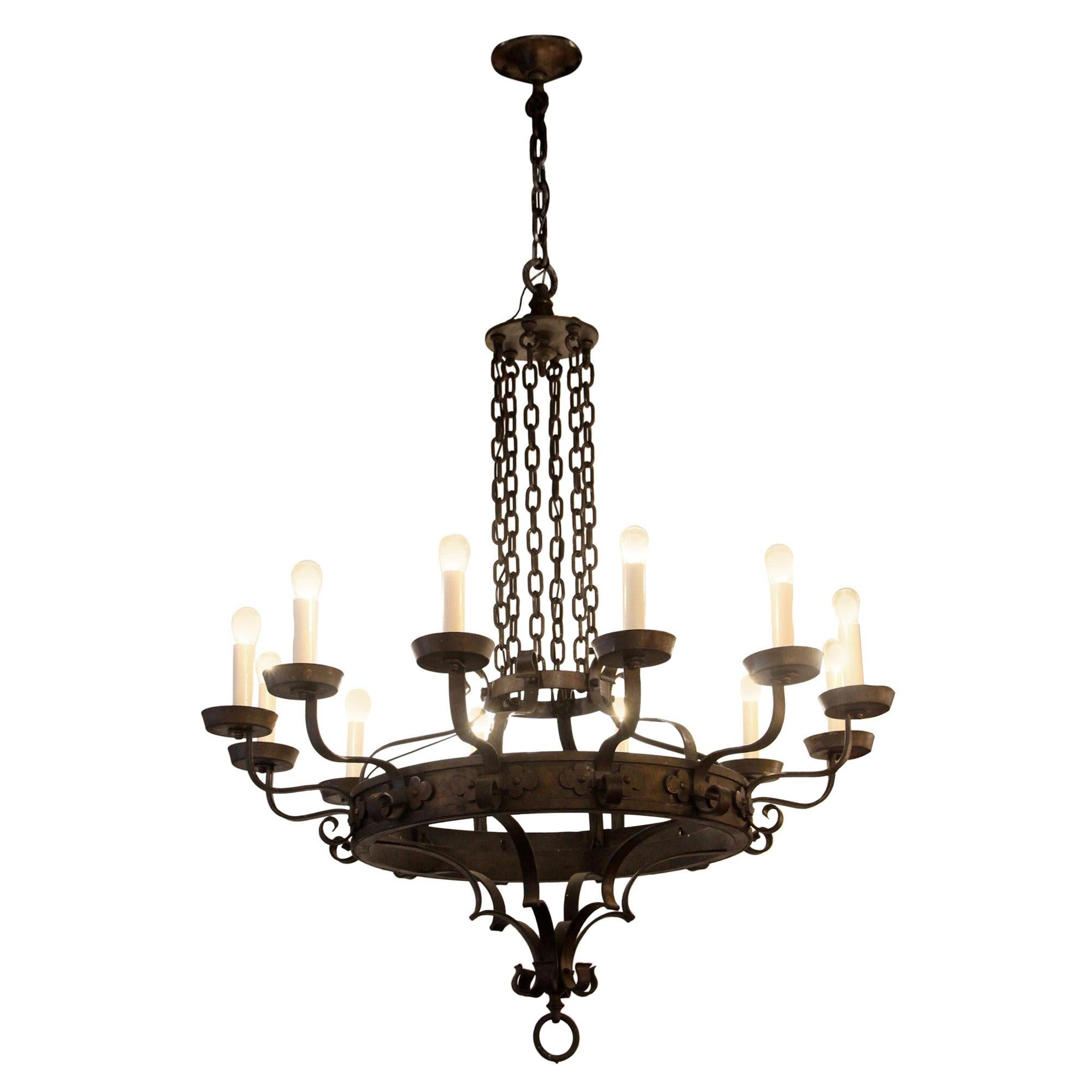 Arts & Crafts 12 Light Wrought Iron Chandelier Large Scale with Chain, Scrolls For Sale