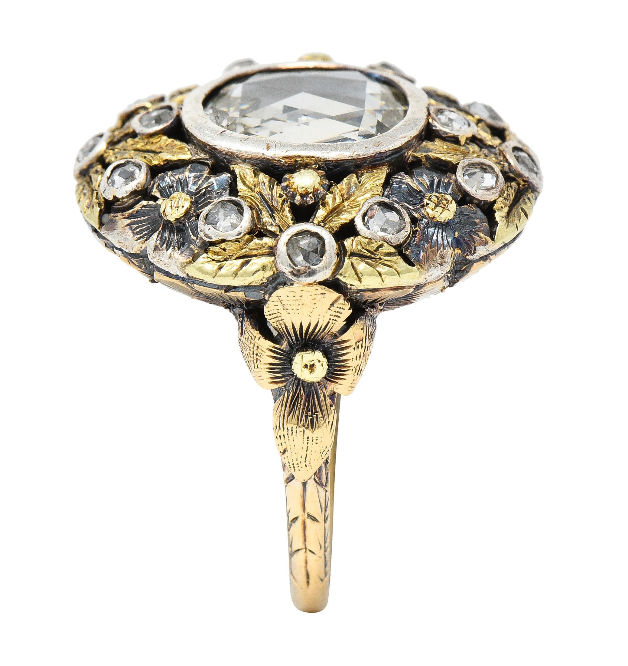 Arts & Crafts 1,26 Karat Rosenschliff Diamant-Blumenring aus 14 Karat Gold mit Silberüberzug in Silber im Angebot 6