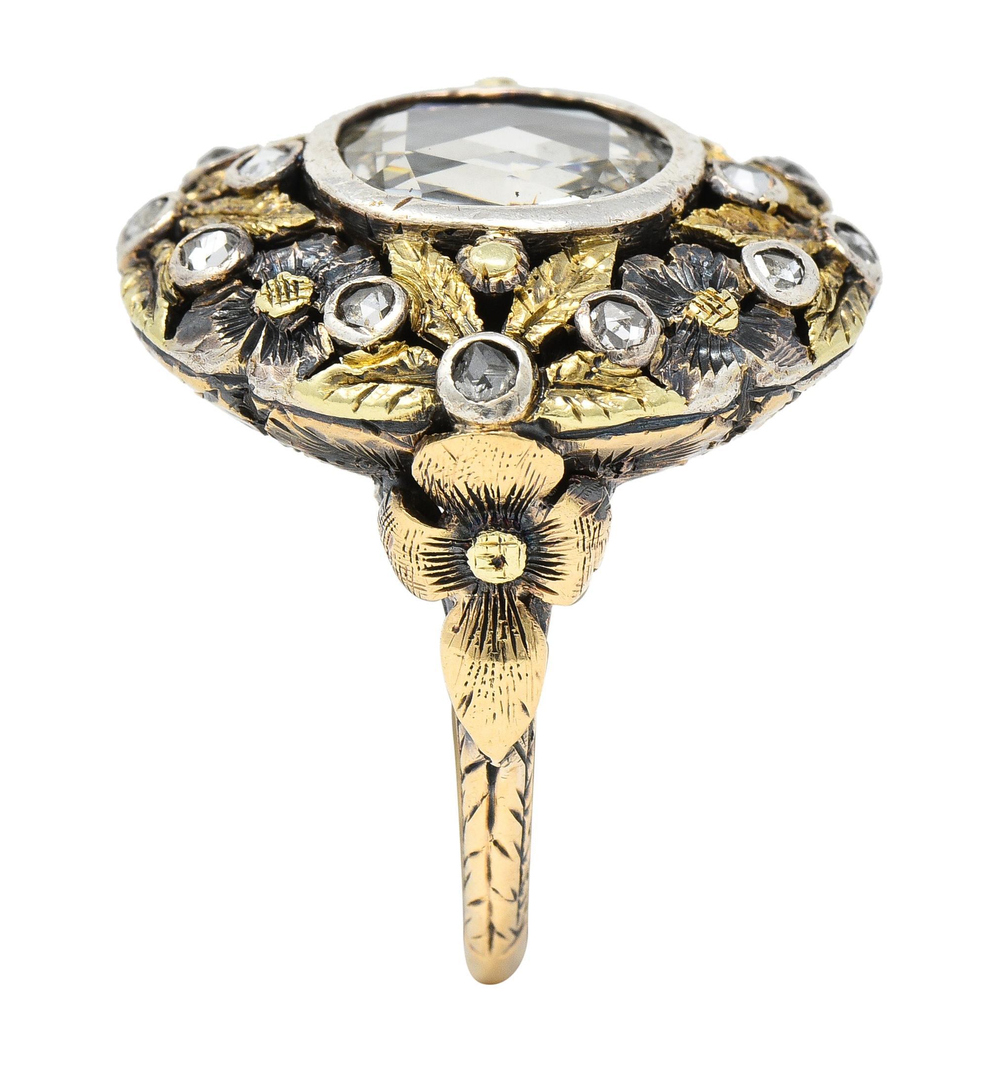 Arts & Crafts 1,26 Karat Rosenschliff Diamant-Blumenring aus 14 Karat Gold mit Silberüberzug in Silber im Angebot 7