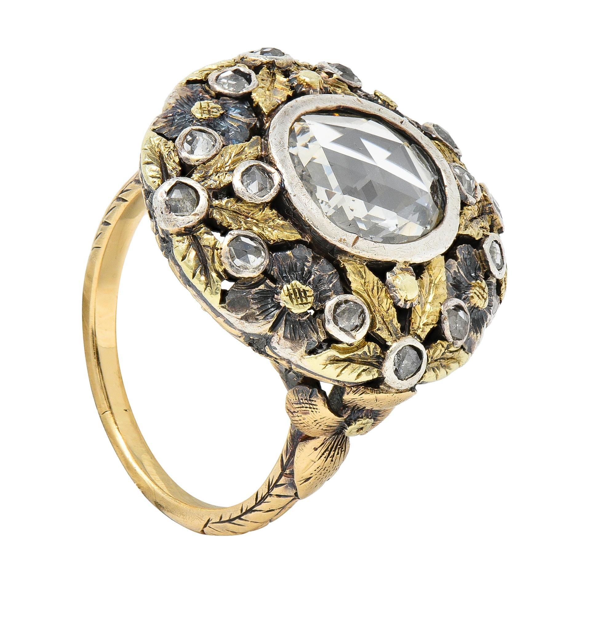 Arts & Crafts 1,26 Karat Rosenschliff Diamant-Blumenring aus 14 Karat Gold mit Silberüberzug in Silber im Angebot 8