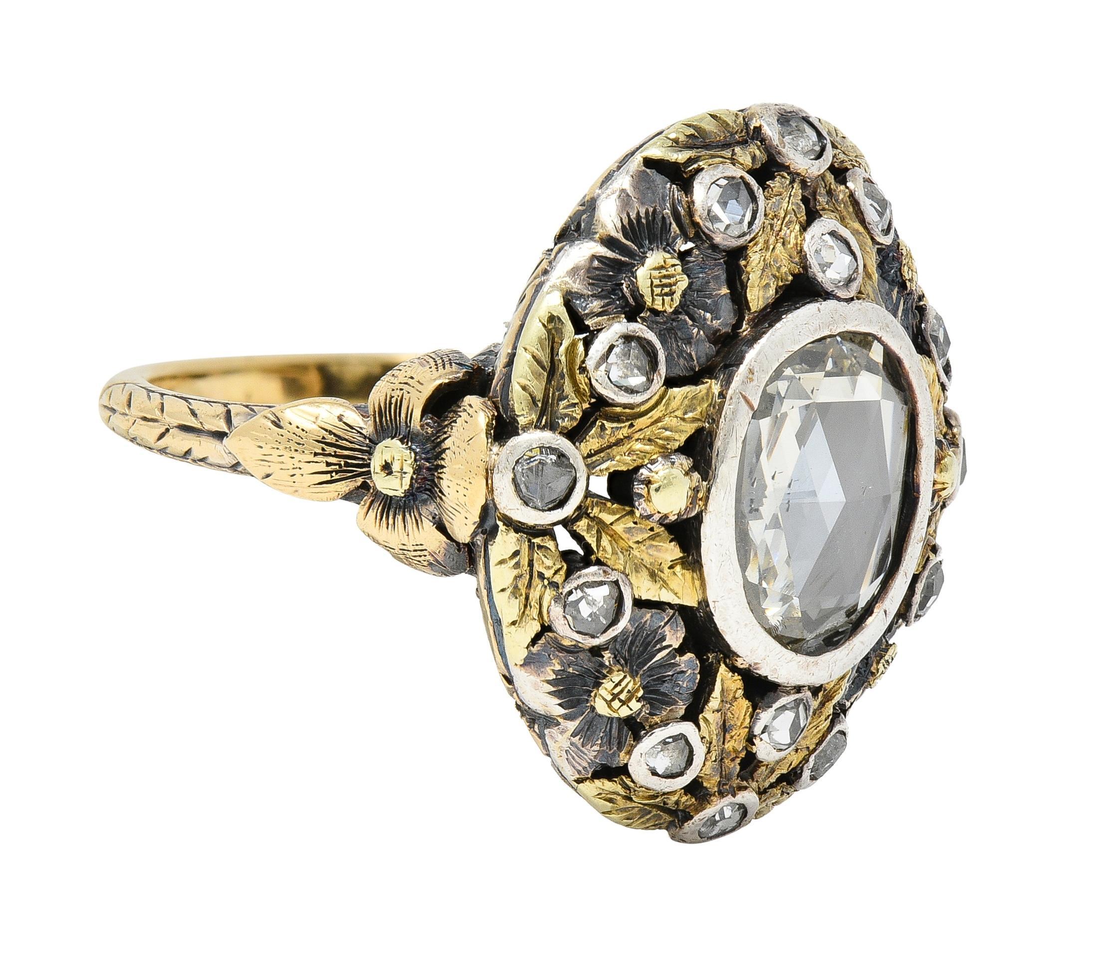 Arts & Crafts 1.26 CTW Rose Cut Diamond Silver-Topped 14 Karat Gold Floral Ring In Excellent Condition For Sale In Philadelphia, PA