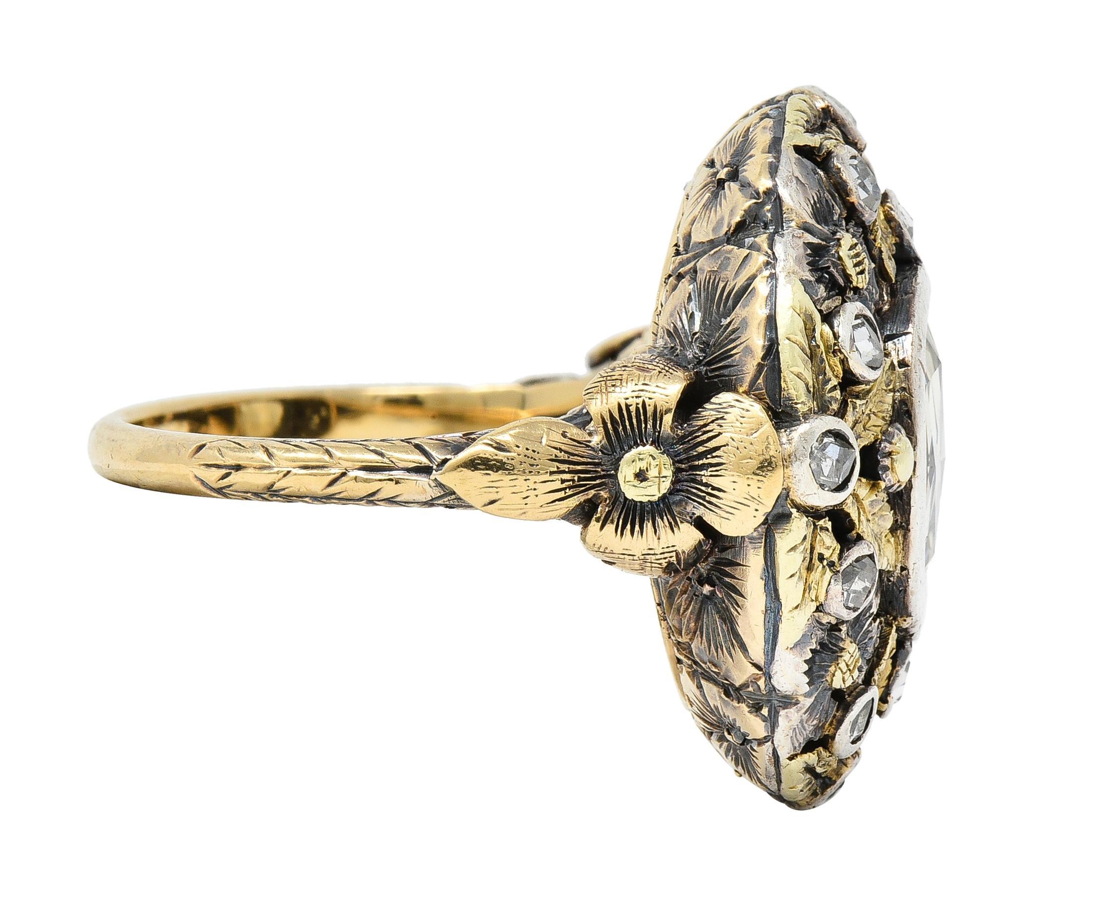 Arts & Crafts 1,26 Karat Rosenschliff Diamant-Blumenring aus 14 Karat Gold mit Silberüberzug in Silber für Damen oder Herren im Angebot