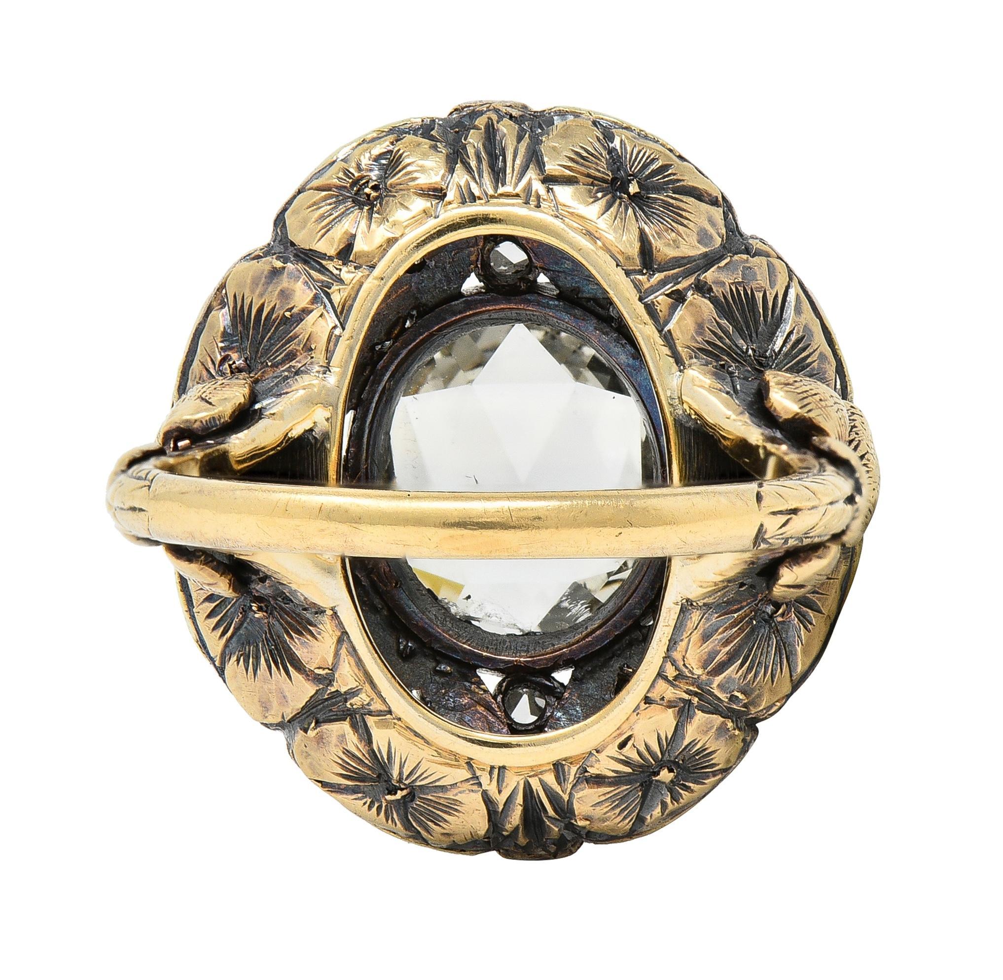 Arts & Crafts 1.26 CTW Rose Cut Diamond Silver-Topped 14 Karat Gold Floral Ring For Sale 1