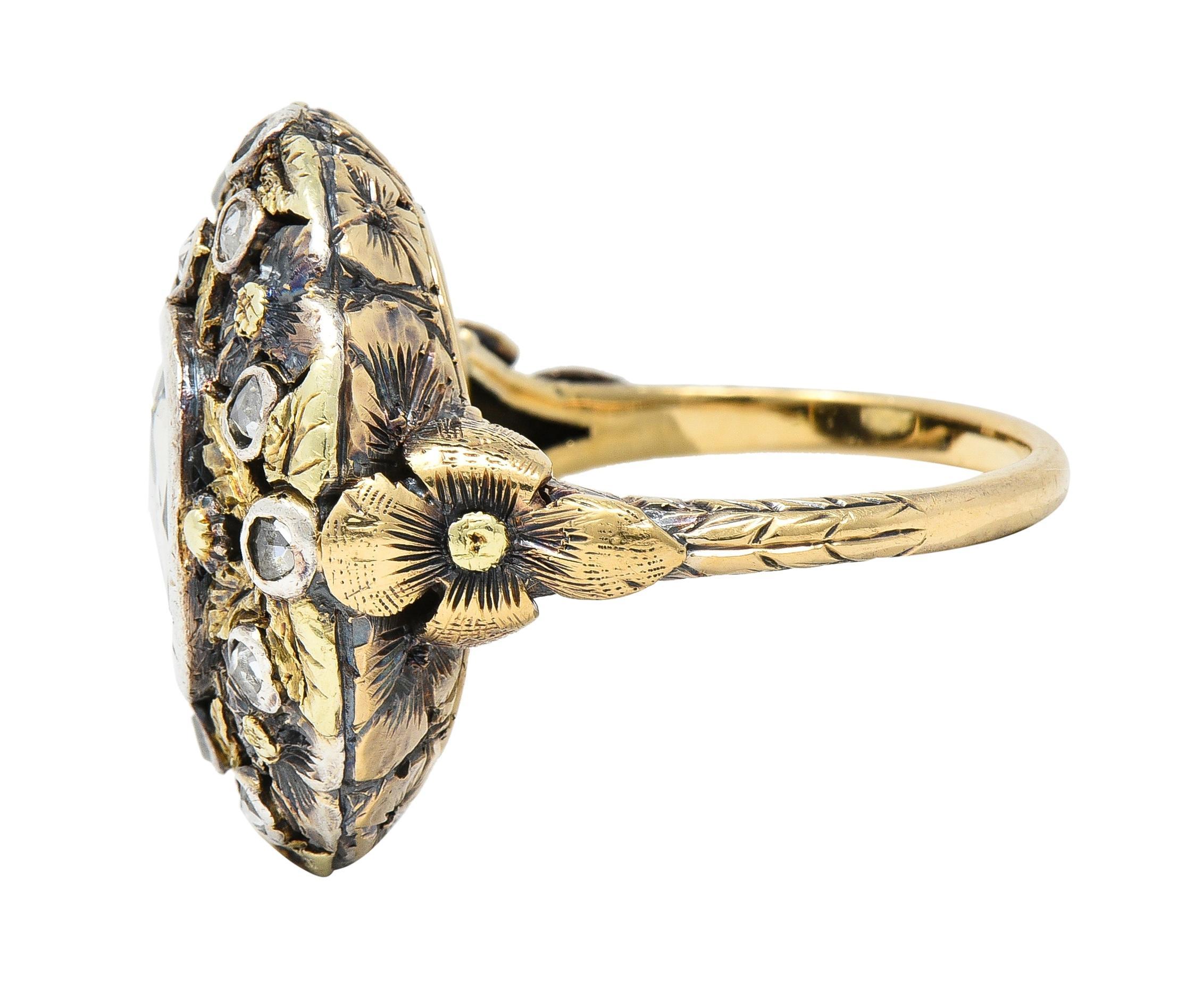 Arts & Crafts 1,26 Karat Rosenschliff Diamant-Blumenring aus 14 Karat Gold mit Silberüberzug in Silber im Angebot 2