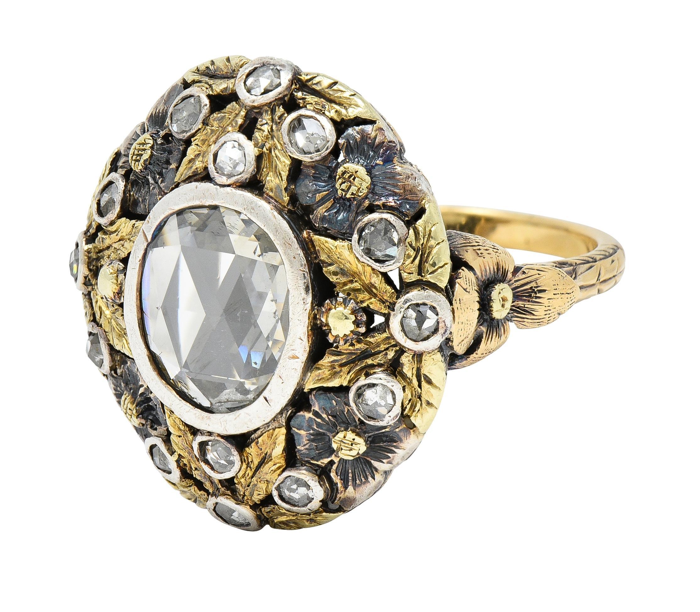 Arts & Crafts 1,26 Karat Rosenschliff Diamant-Blumenring aus 14 Karat Gold mit Silberüberzug in Silber im Angebot 3