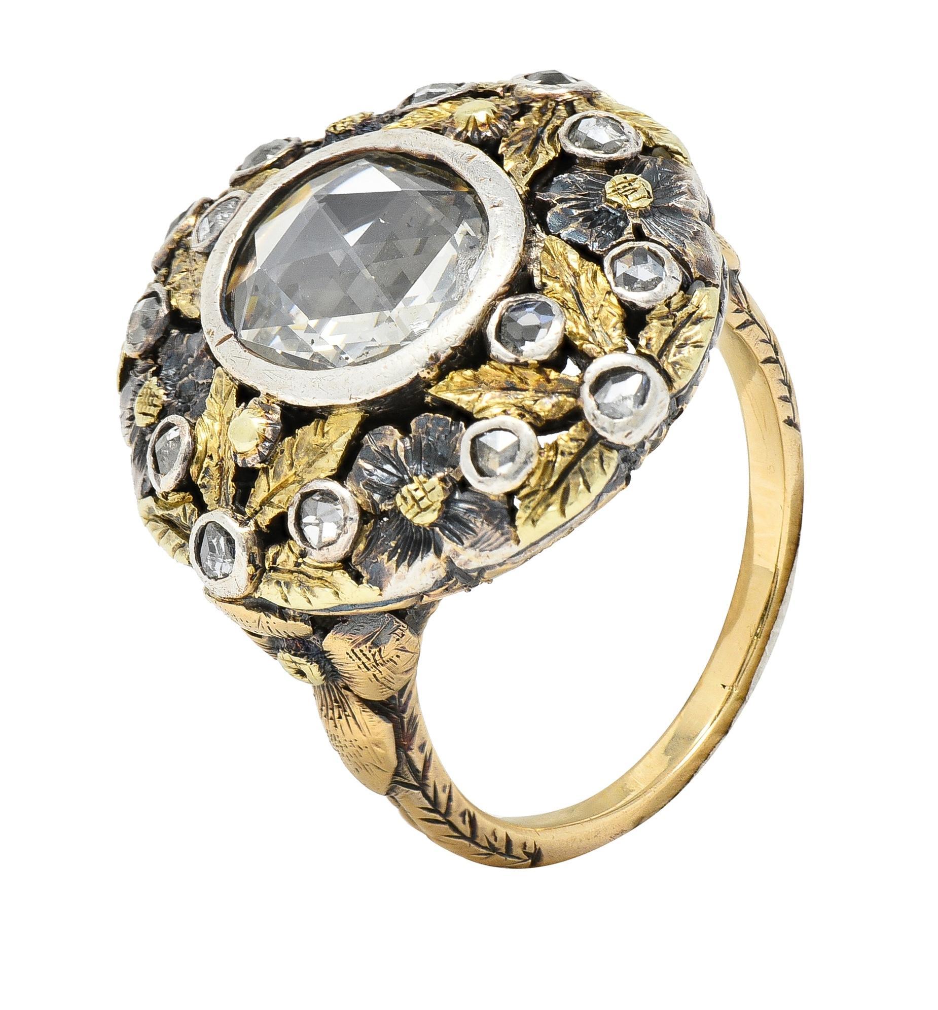 Arts & Crafts 1,26 Karat Rosenschliff Diamant-Blumenring aus 14 Karat Gold mit Silberüberzug in Silber im Angebot 4