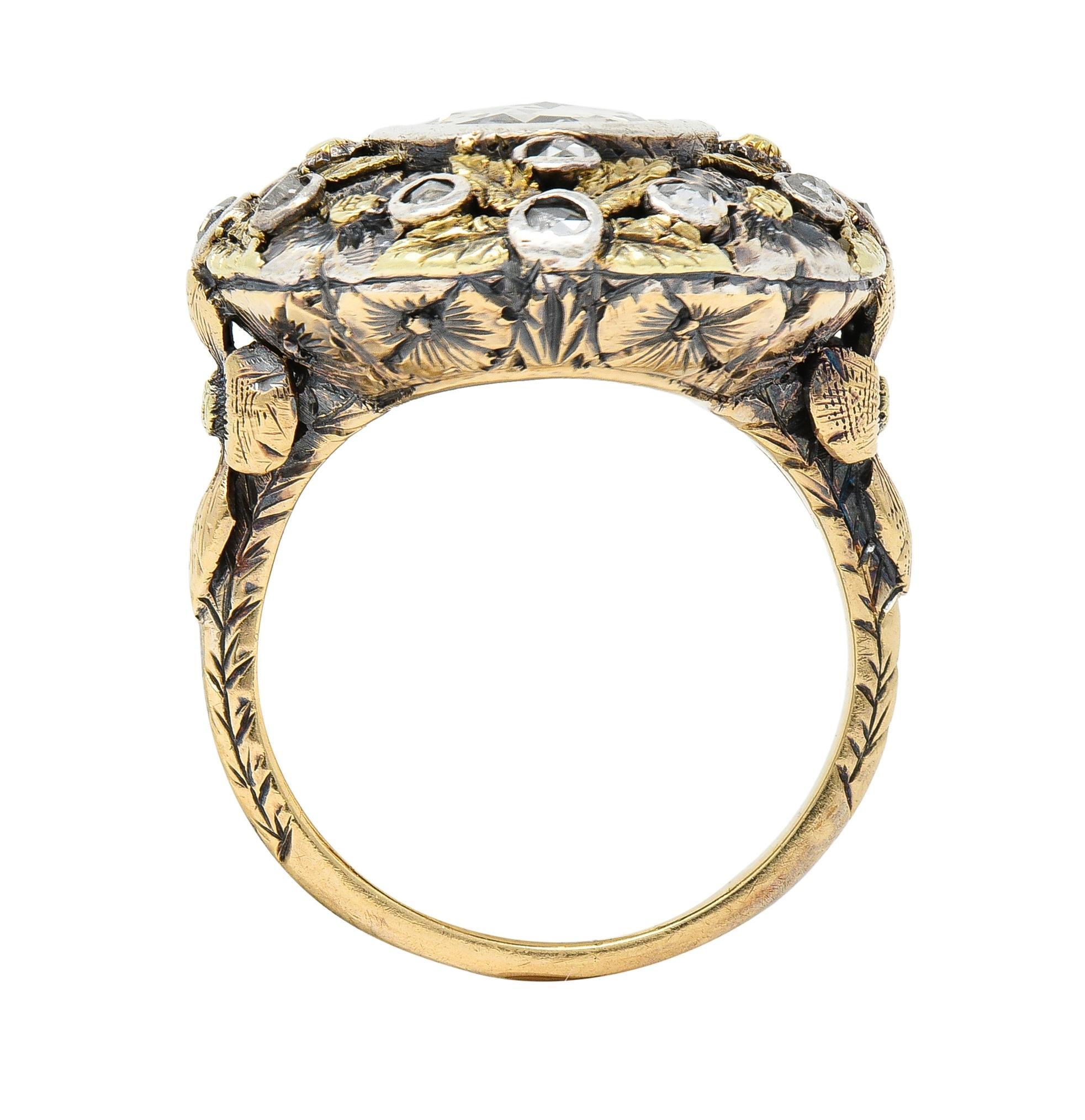 Arts & Crafts 1.26 CTW Rose Cut Diamond Silver-Topped 14 Karat Gold Floral Ring For Sale 5