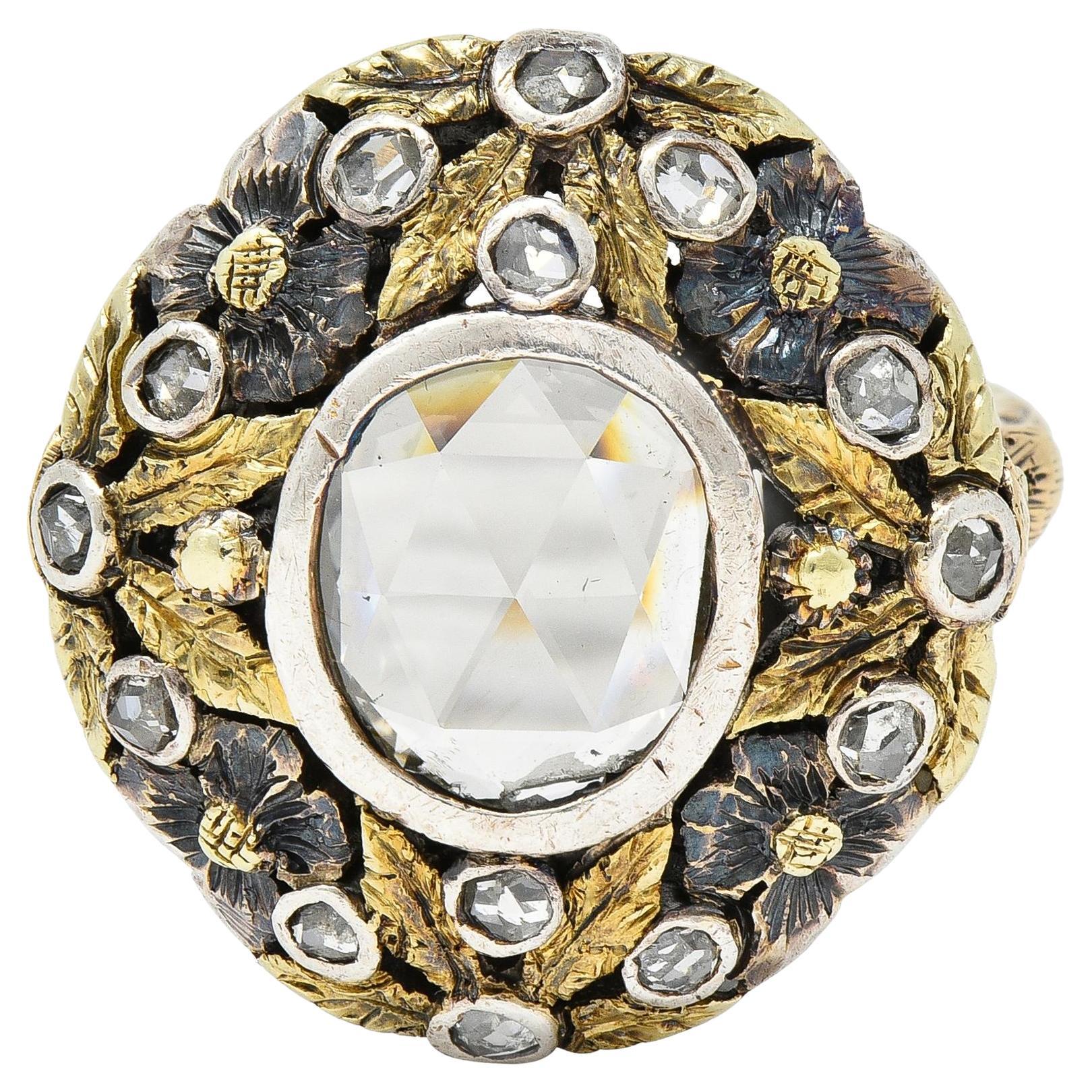 Arts & Crafts 1.26 CTW Rose Cut Diamond Silver-Topped 14 Karat Gold Floral Ring For Sale