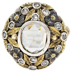 Bague florale Arts & Crafts 1,26 ct. pt. diamant taille rose surmontée d'argent or 14 carats