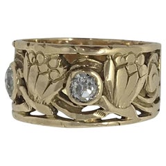Arts & Crafts 14 Karat Diamond Ring with Floral Design