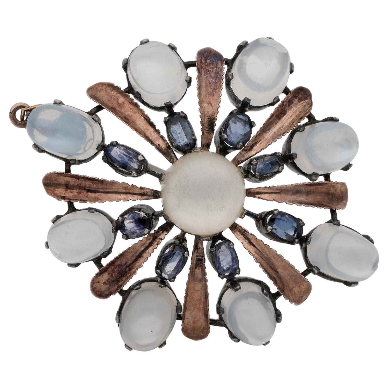 Arts & Crafts 16.00 Carat Natural Moonstone and Sapphire Large Pendant Brooch For Sale