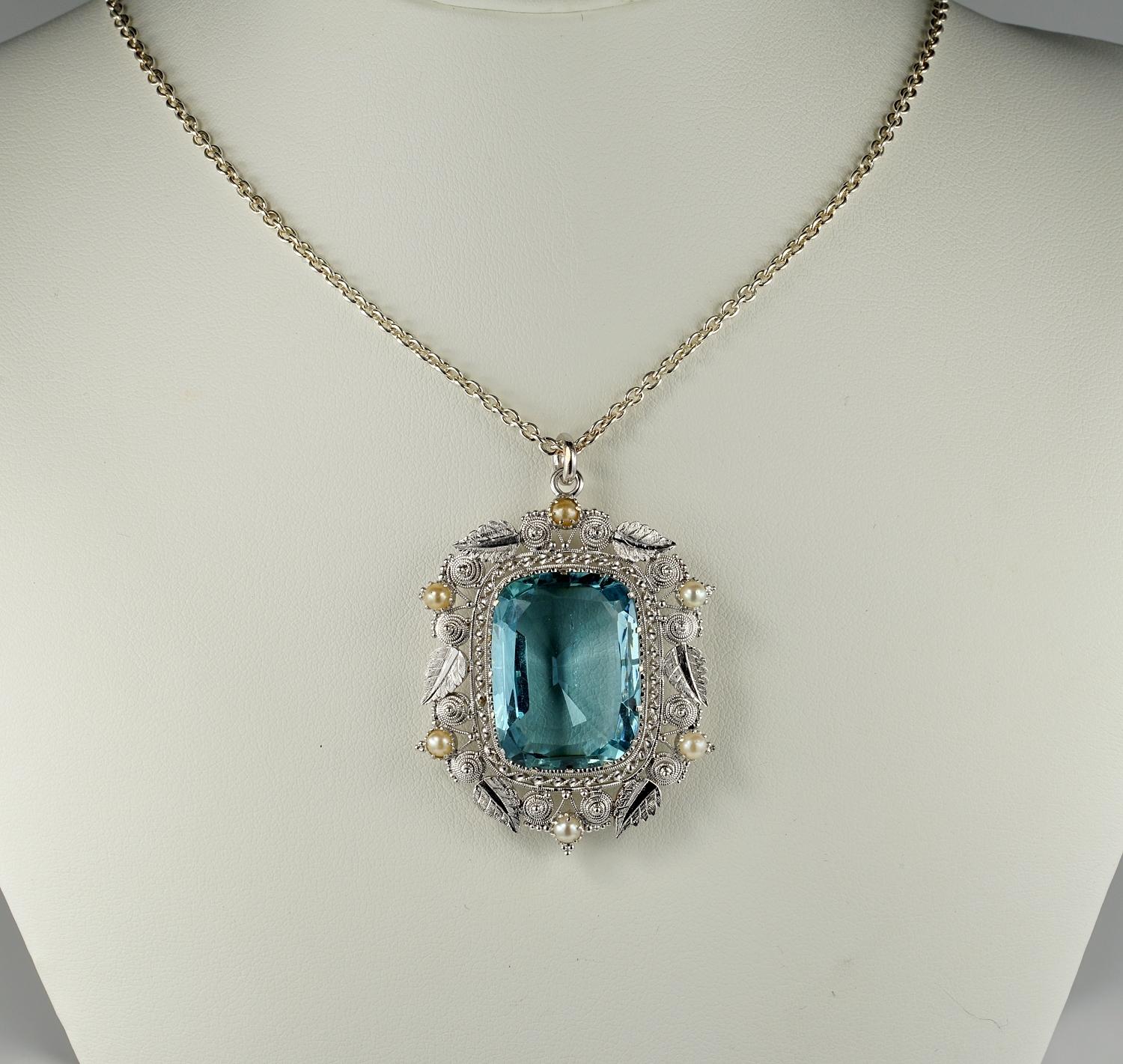 Handmade highest standard quality, designs inspired by nature, and simple straightforward construction techniques are the hallmarks of Arts and Crafts jewelry.
This amazing large Aquamarine pendant is just a wonder of that period movement.
1920 ca