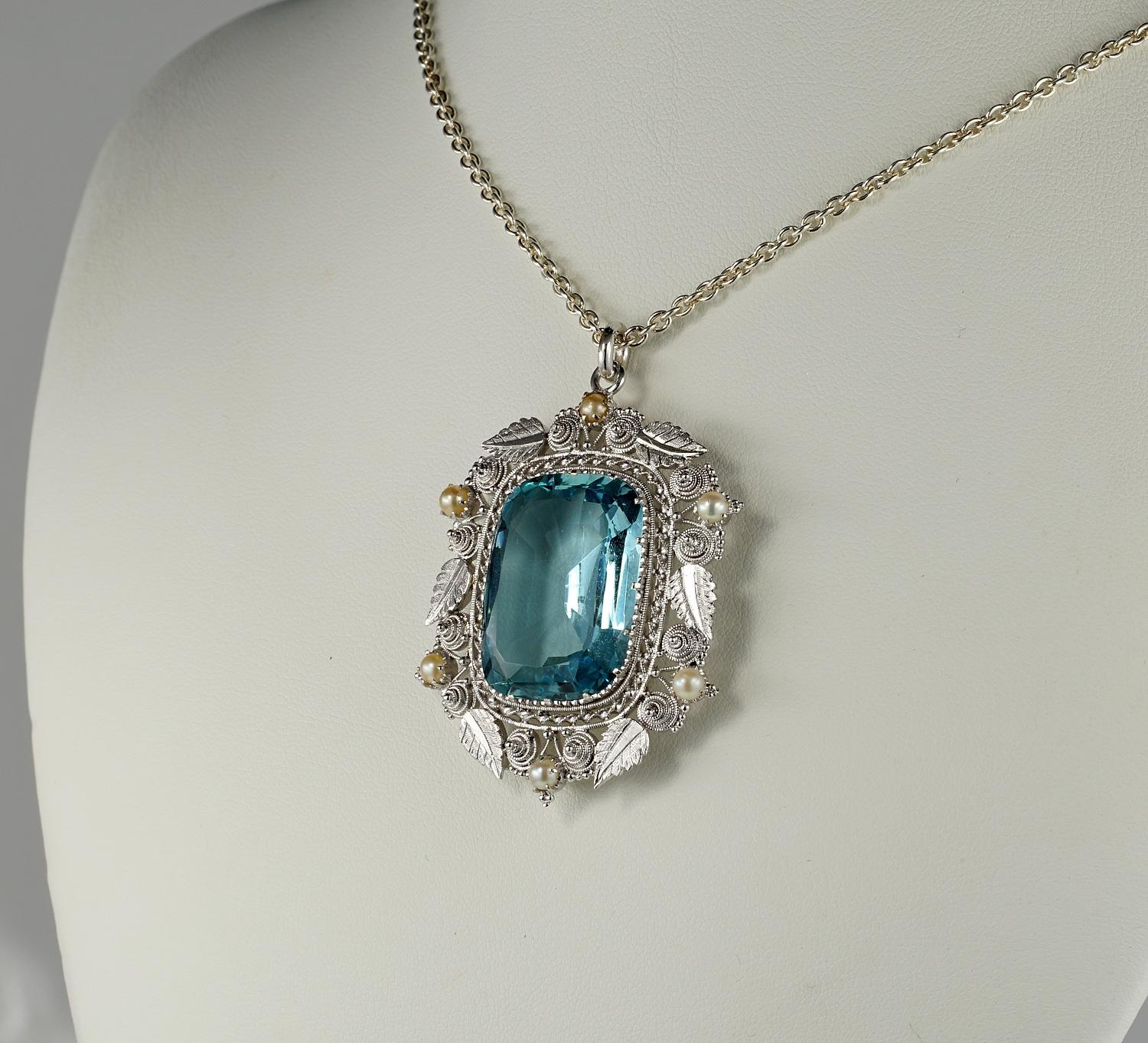 Antique Cushion Cut Arts & Crafts 17.60 Carat Cushion Aquamarine Rare Huge Pendant For Sale