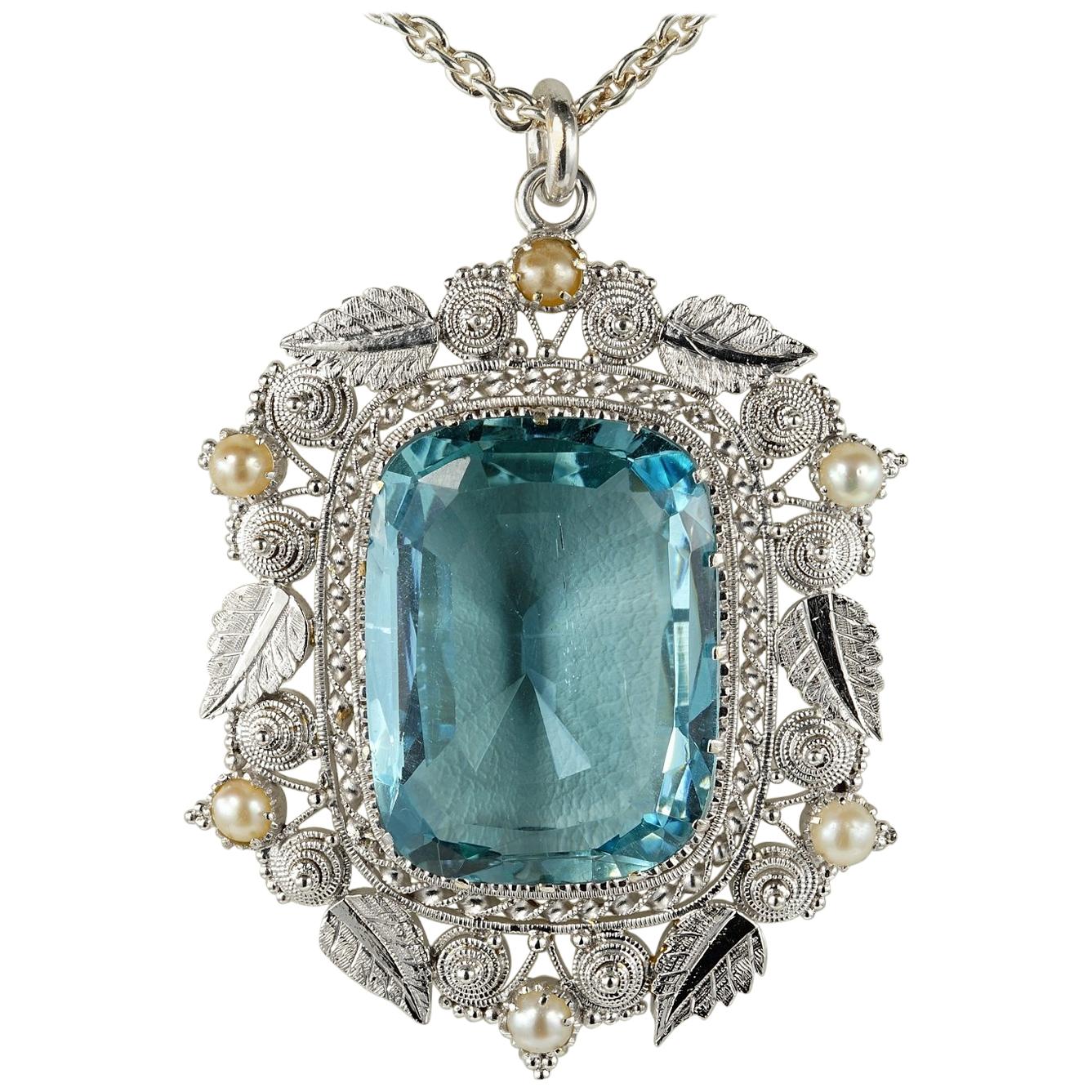 Arts & Crafts 17.60 Carat Cushion Aquamarine Rare Huge Pendant For Sale